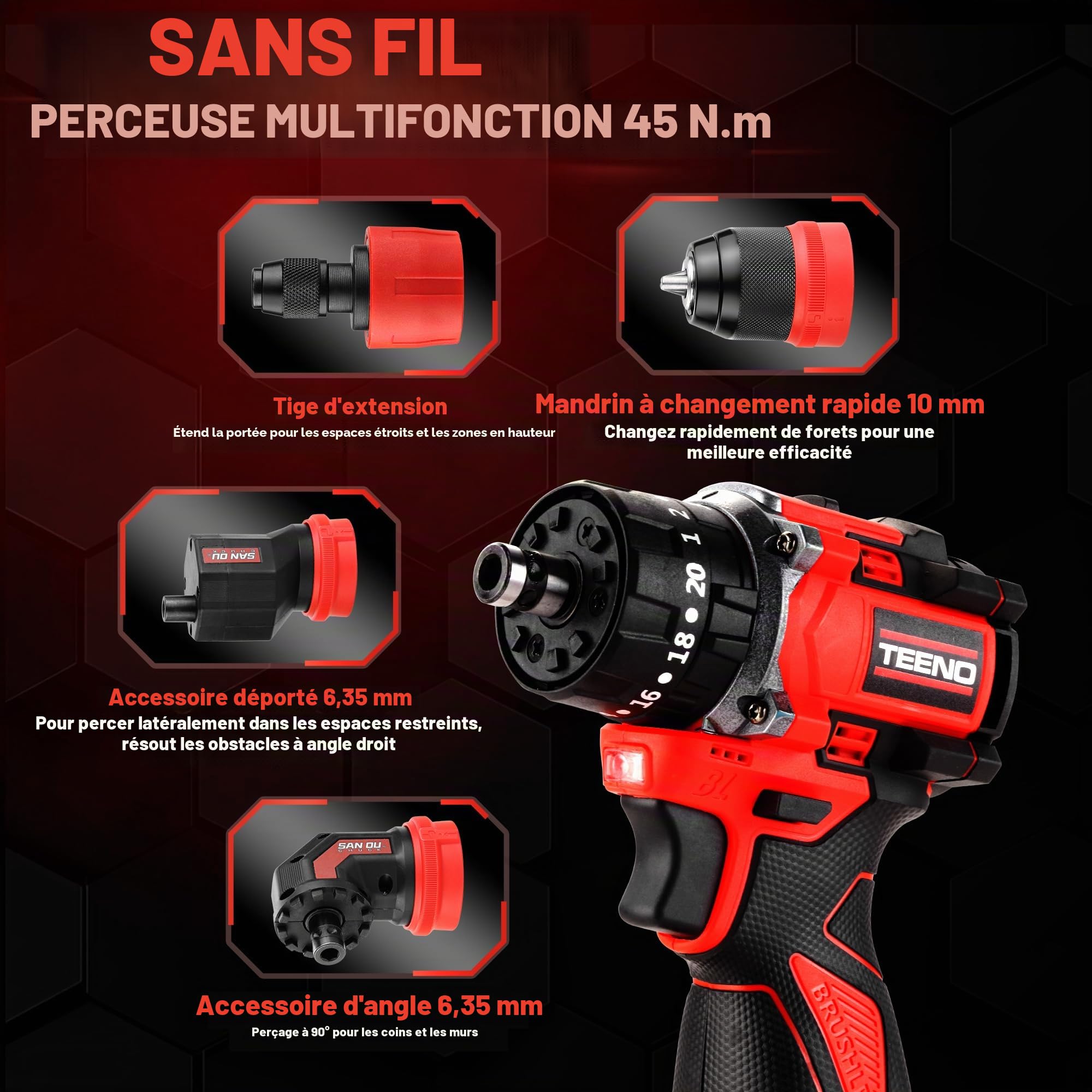 TEENO 18V Kit Perceuse-Visseuse sans Fil Brushless Multifonctionnel | Système Multi-Têtes, 20+3 Couple, 45 Nm, 2 Vitesses, Adaptateur Offset, Mandrin Rapide, Adaptateur d'angle Droit, LED, DIY