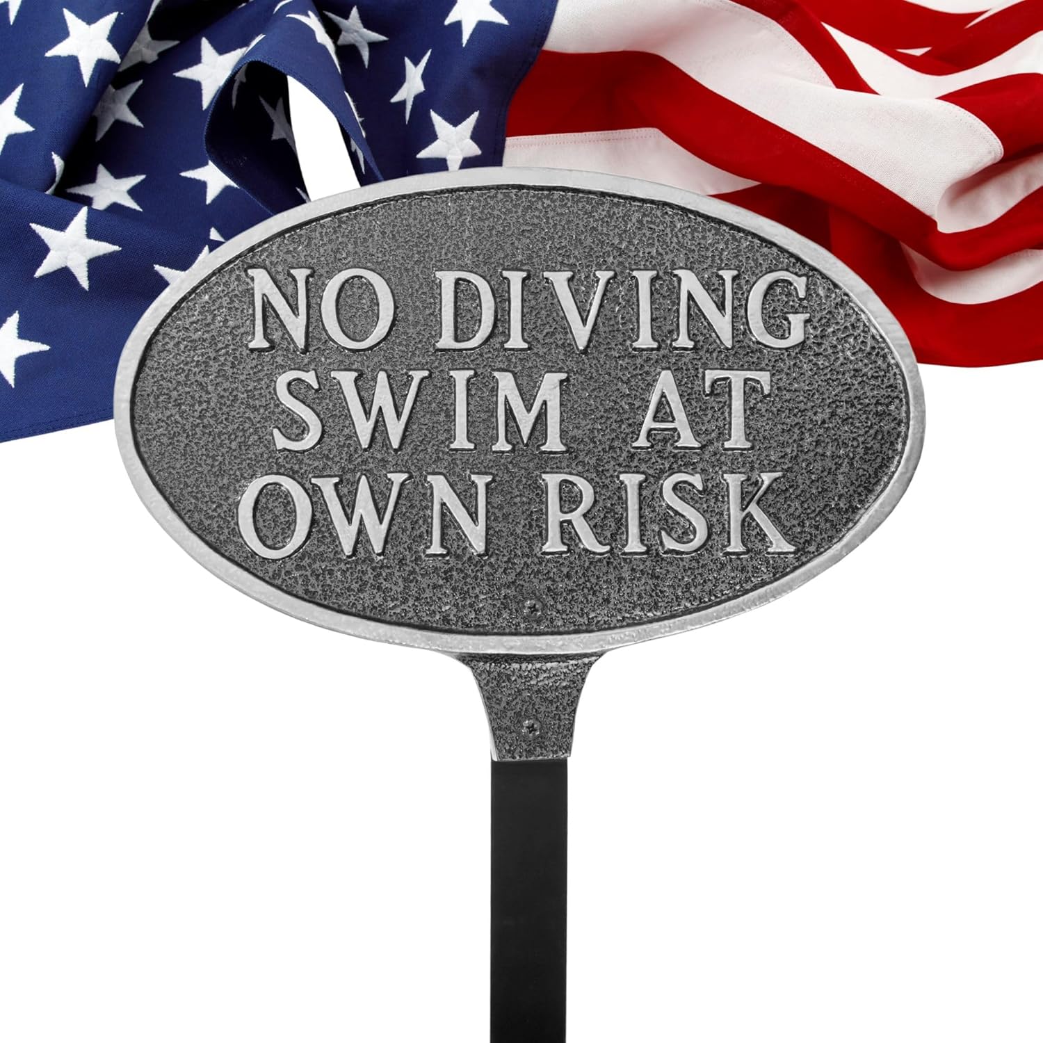 Montague Metal Products No Diving Swim At Own Risk Oval Sign with Lawn Stake (Hammered Bronze/Gold, 13" x 8.5")
