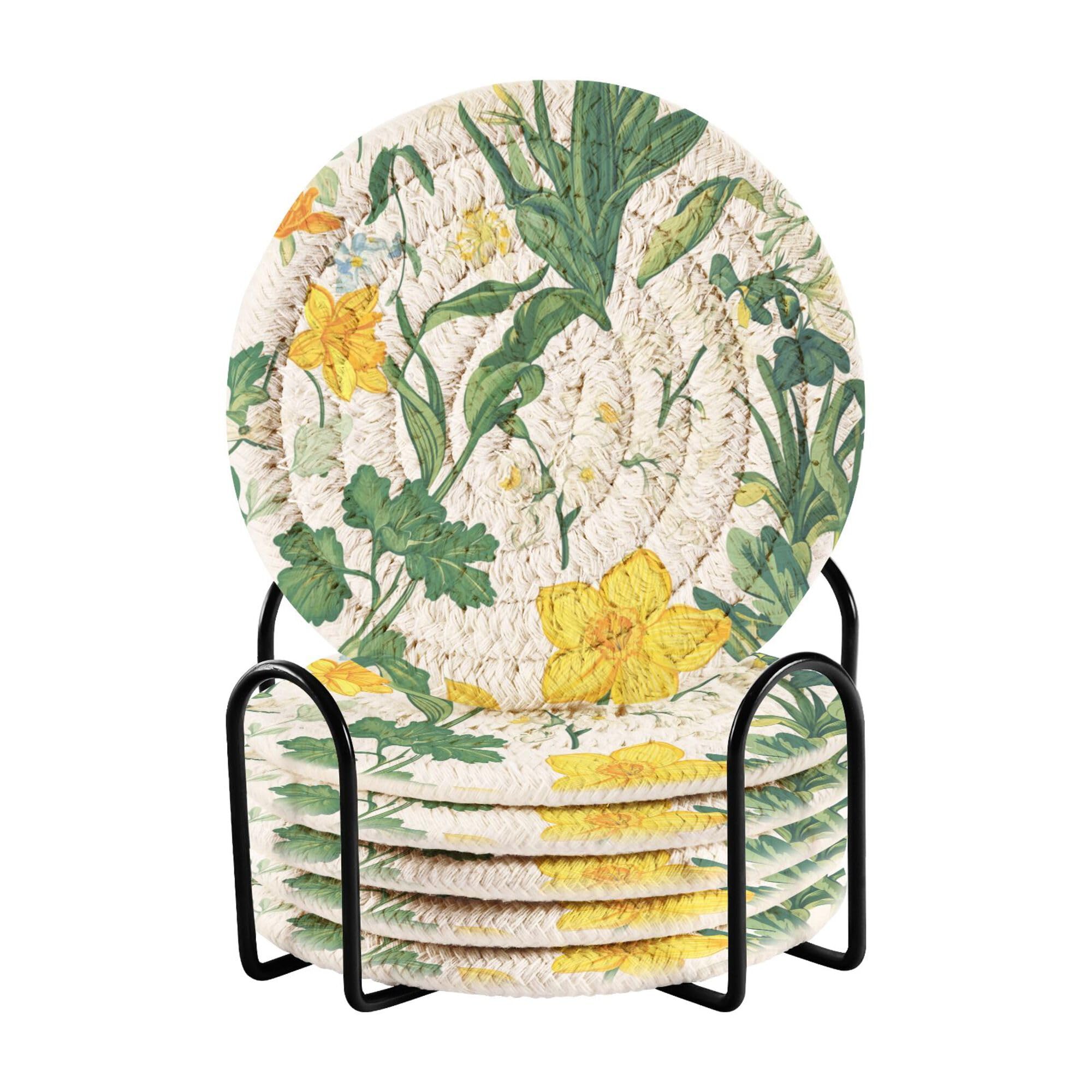 Summer Flowers Daffodils Callistephus White Cotton Rope Coasters and Holder Set of 6 Coffee