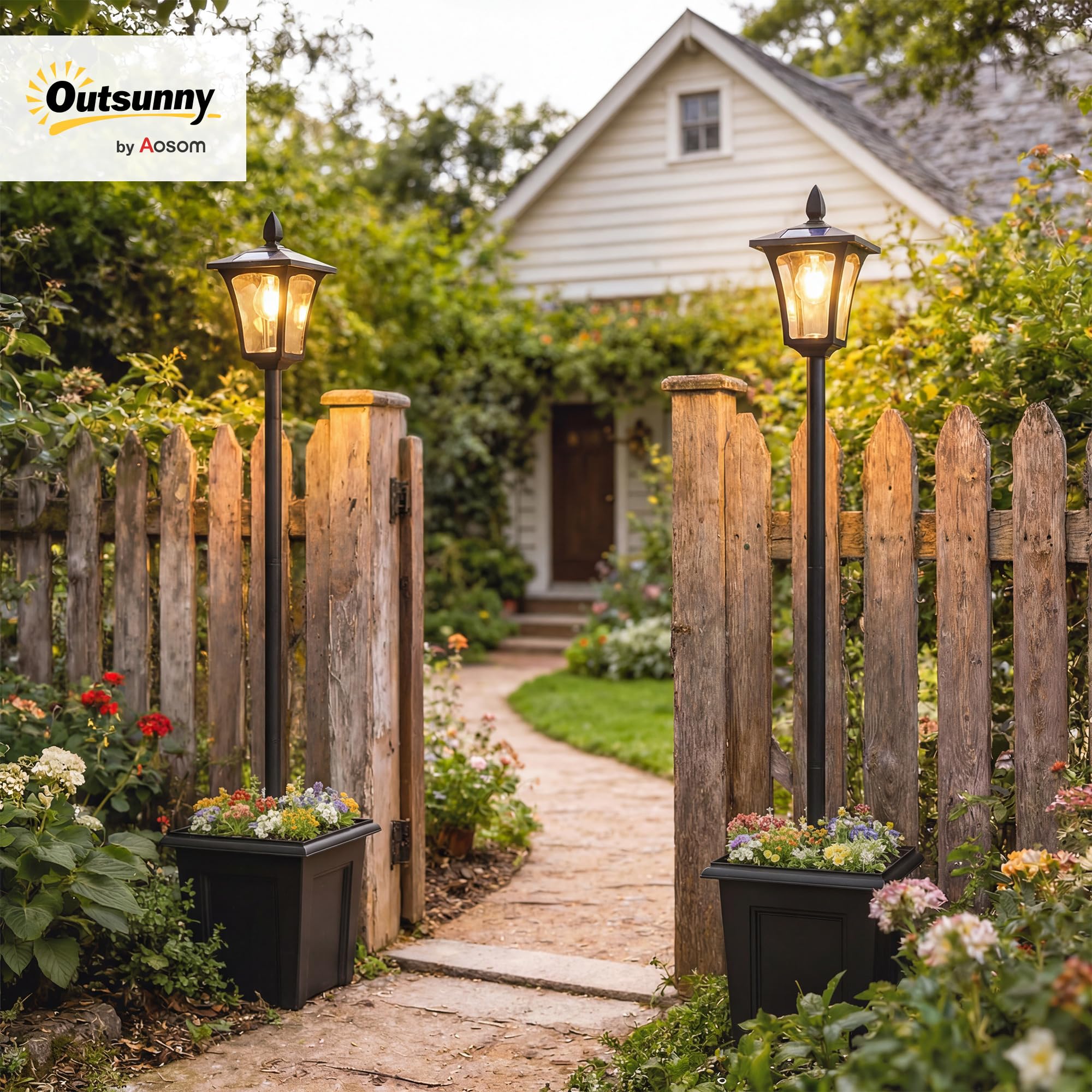Outsunny 63" Solar Lamp Post Lights 2 Pack, Waterproof LED Solar Light Posts with Planter, Outdoor Lamps for Patio, Backyard, Pathway, Garden, Lawn, Black - 3