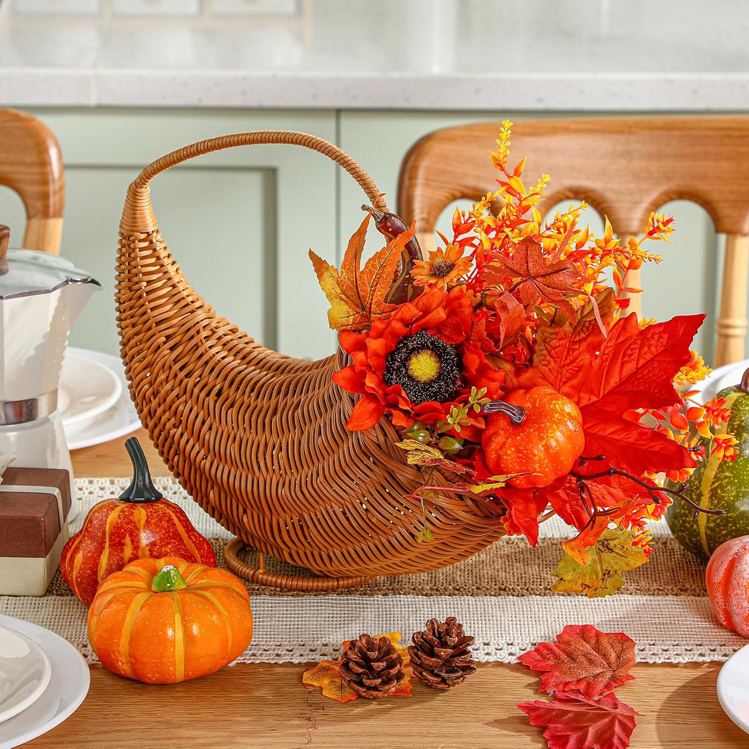 Thanksgiving Hanging Cornucopia Basket Set Decorative Fall Table Harvest Fern Cornucopia with Handle Artificial Pumpkin Horn of Plenty Decoration for Autumn Dining Table Decor