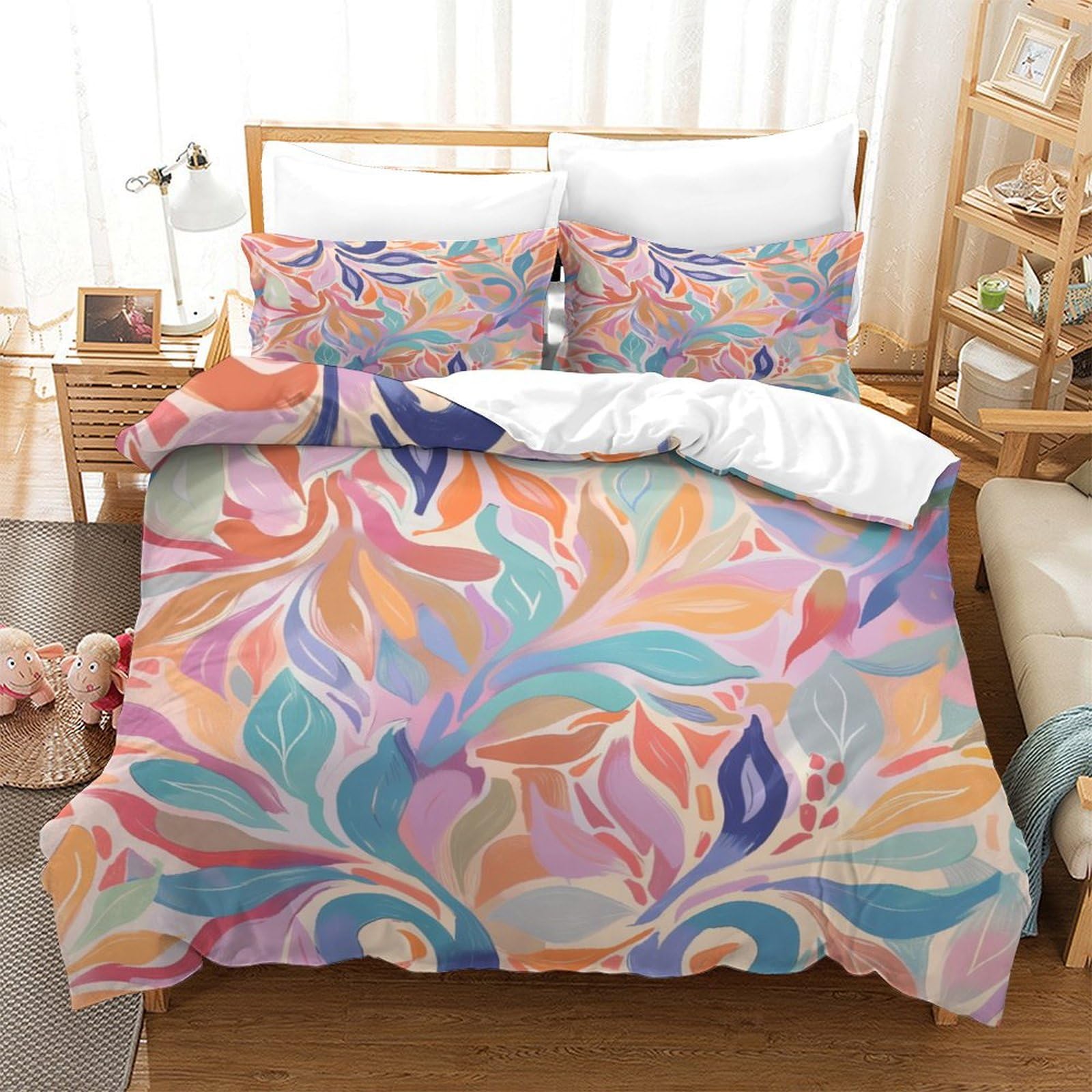 P1S9U7W5Y Abstract Leaf 3D Printed 3pcs Microfiber Duvet Cover Set Colourful Leaves Bedding Set Single（140x200cm）