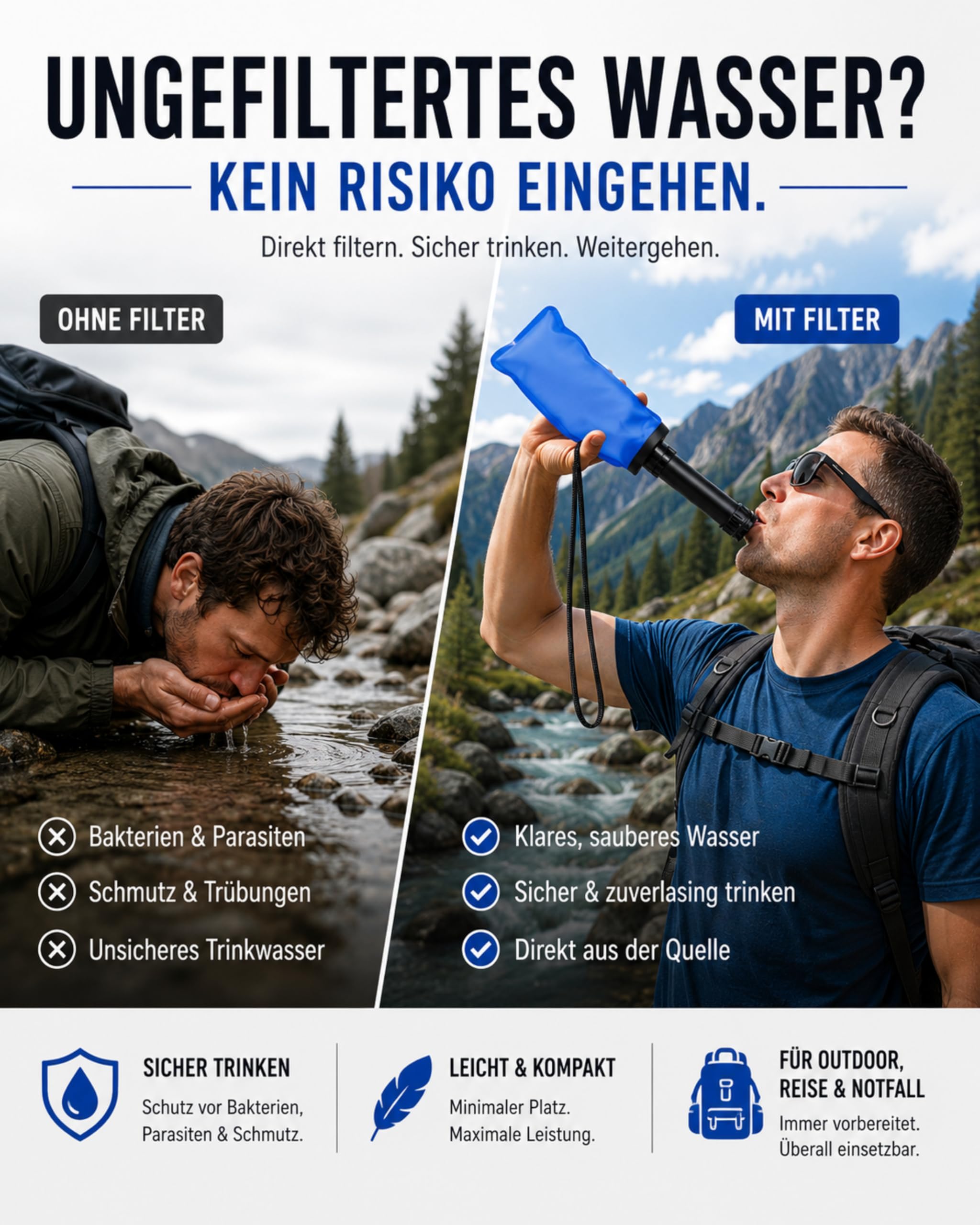 Wasserfilter Outdoor + faltbare Trinkflasche 0,5L I Tragbarer Trinkwasserfilter für Camping, Wandern & Survival I Filtert 99,99% der Bakterien I Trinkwasseraufbereitung für 4000L I Gipfelrein