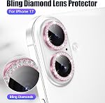 AGVEE 3+3 6 Pack for iPhone 17 6.3" Camera Lens Protector, Bling Diamond & Bling Glitter Metal Ring 9H Tempered HD Glass Camera Cover Film, Bling-Pink | Individual Bling Diamond & Bling Glitter Sparkle Cute Gem Metal Ring, 9H Tempered HD Glass
