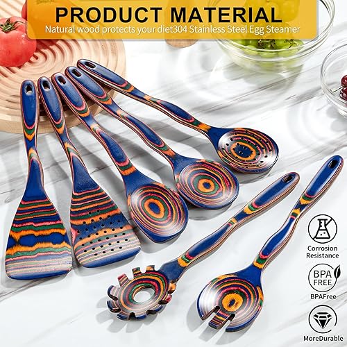 Miniatura 4 de Cucharas de madera para cocinar, juego de 7 utensilios de cocina de madera de Pakkawood incluye espátula, cuchara de esquina, cuchara de espagueti,