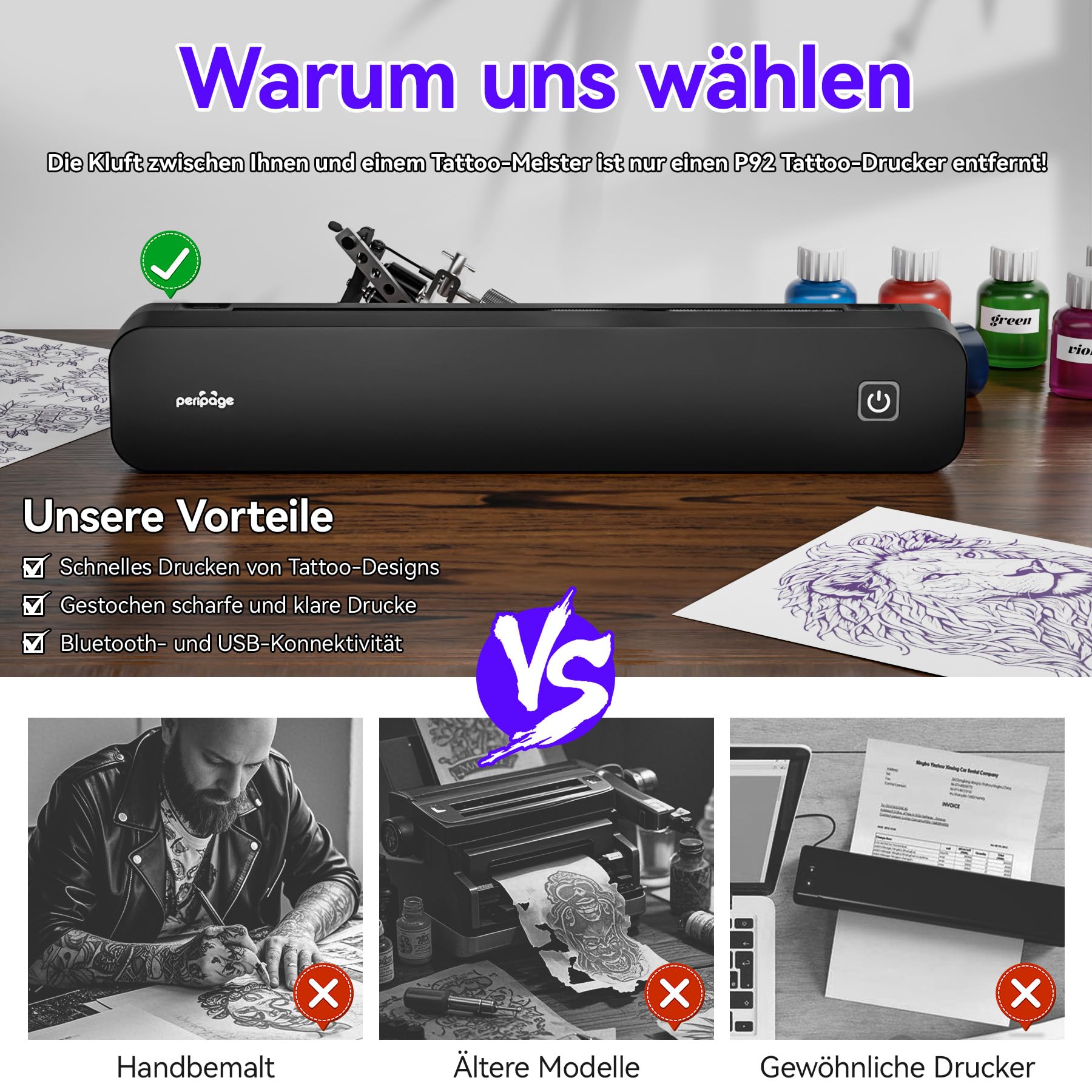 PeriPage P92 Tattoo-Schablonendrucker, Thermo-Tattoo-Drucker mit Tattoo-Schablonenpapier, kompatibel mit Telefon, Pad und PC