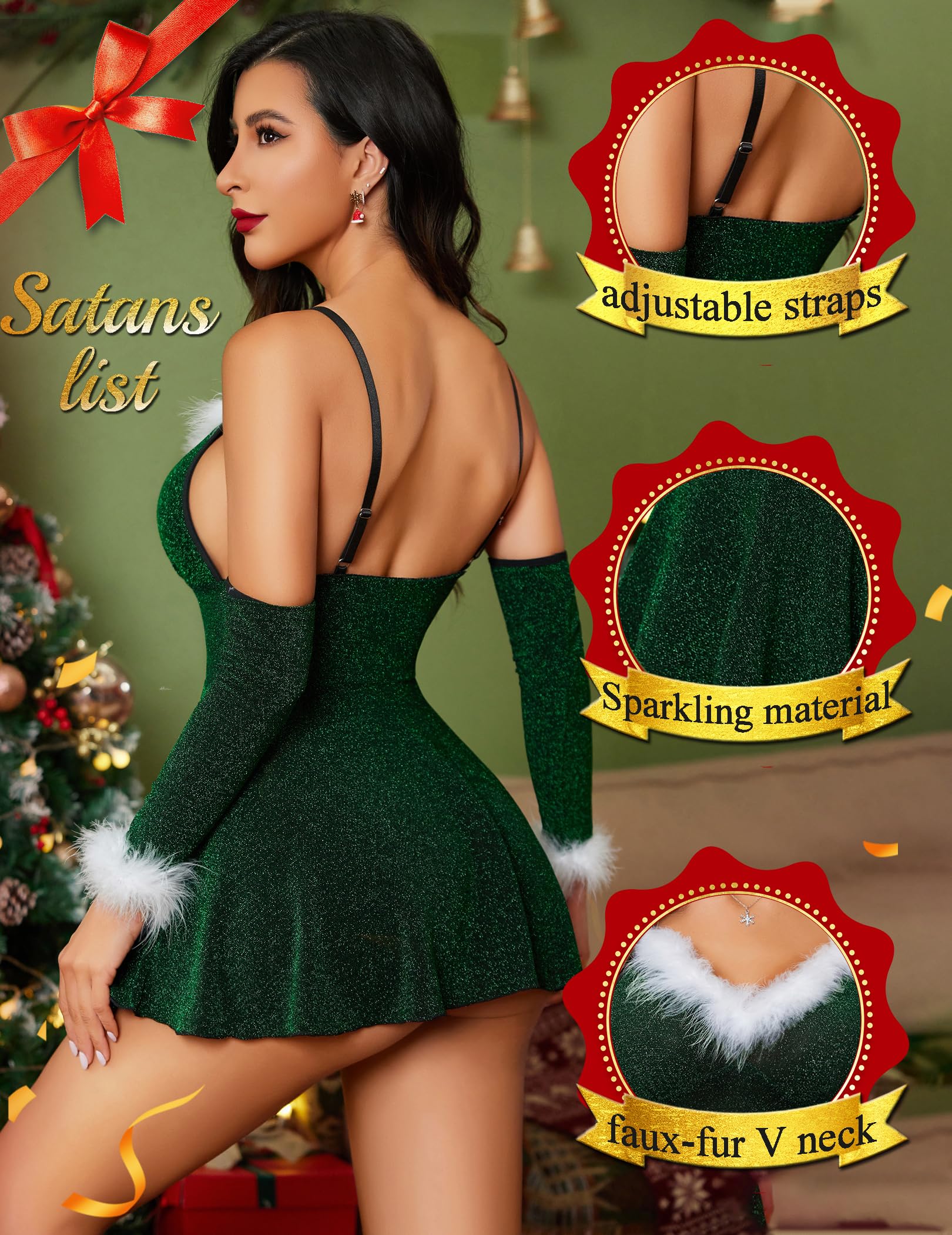 Avidlove Lingerie de Noël sexy pour femme Robe de Père Noël Nuisette Nuisette Costume de Noël avec gants S-XXL