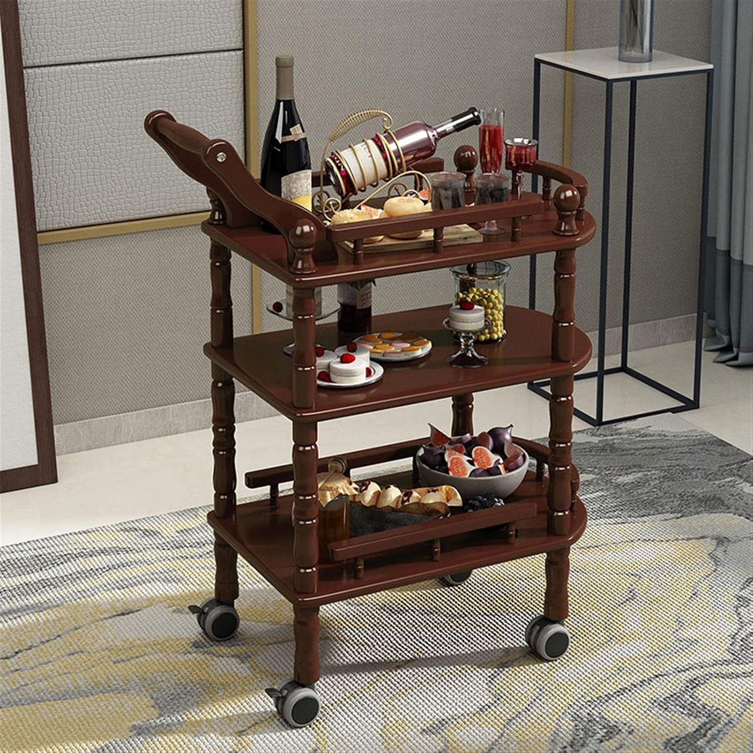 Solid Wood Kitchen Serving Carts Rolling Bar Cart Kitchen Cart,Cart Removable for Kitchen Hotel Wheeled Home Bar Cart Kitchen cart with Storage (Color : 1 (Metal Rubber Wheel)) (4 Brown (Silent Wheel
