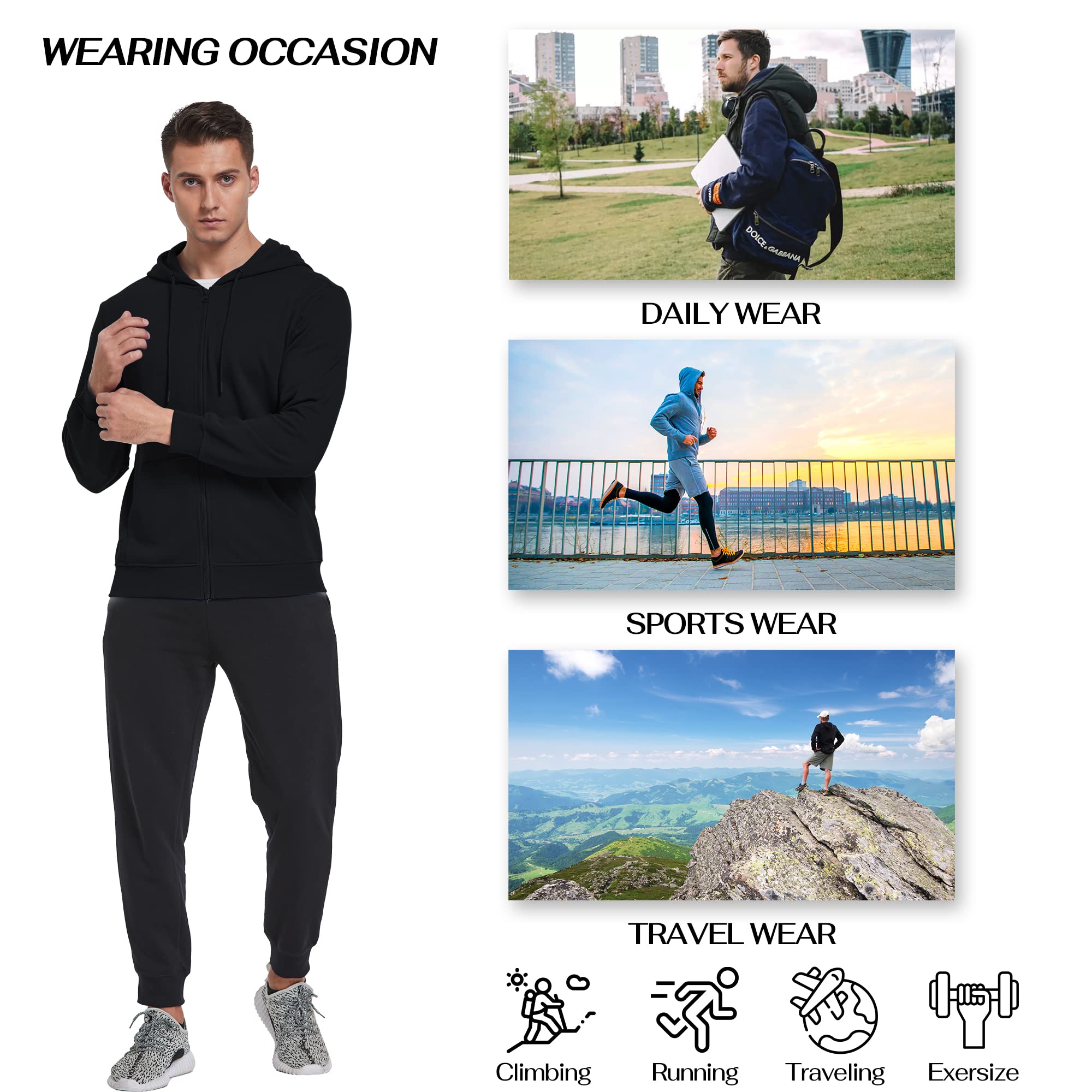 BETTERCHIC Męska bluza z kapturem sportowa miękka szczotkowana bluza polarowa z kapturem sznurek na zamek błyskawiczny bluza z kapturem rozmiar S-3XL, Czarny, M