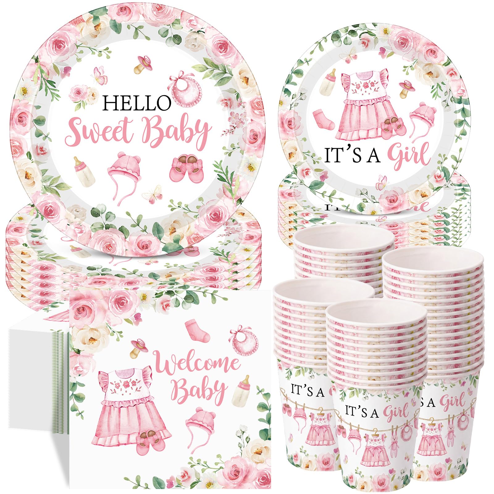 Pickmesh 250 Pcs Pink Floral Baby Girl Disposable Tableware Set Hello Sweet Baby Paper Plates Napkins Cups Cutlery for Gender Reveal Birthday Party Supplies Babies Shower, Serve 50 Guest