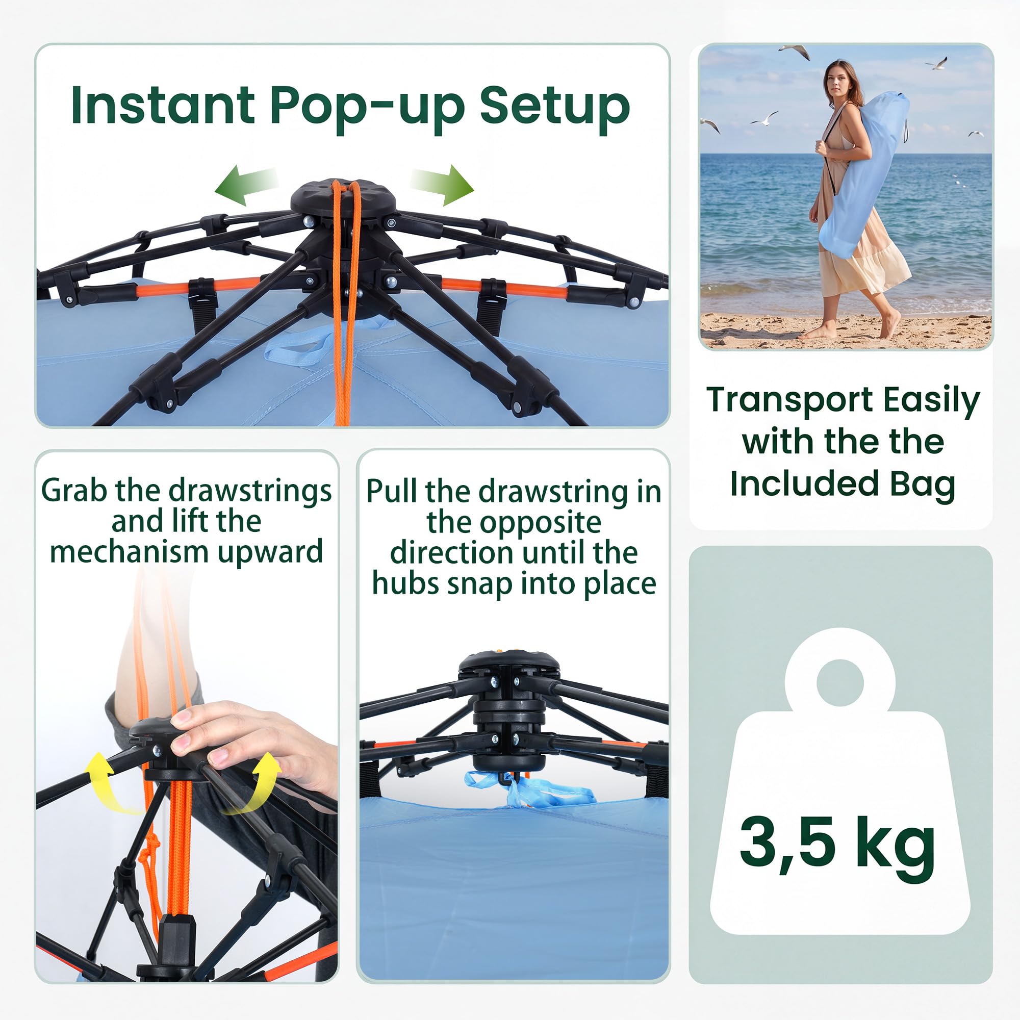 HOMASIS Tenda da Spiaggia a 3 Posti, Tenda Pieghevole Pop up Resistente e Antivento con Finestre e Tasce, in Tessuto Impermeabile, con Borsa da Trasporto, per Campeggio e Mare, 278 x 140 x 160 cm, Blu