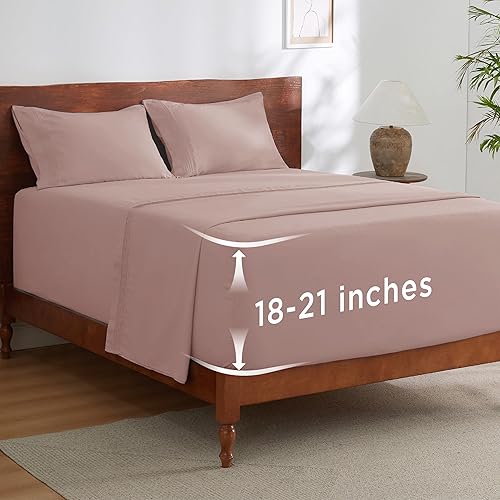 Bedsure Juego de sábanas tamaño King de bolsillo profundo para colchones de hasta 21 pulgadas de grosor, 4 piezas con bolsillo profundo, sábanas y