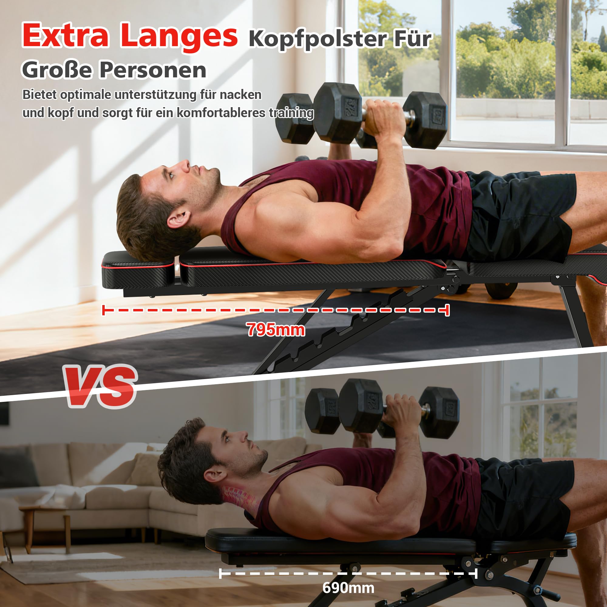 XDDIAS Hantelbank, 10-fach verstellbare Trainingsbank mit verlängerte Kopfstütze, klappbare bis 360 kg, Schräg-, Flach- & Negativbank für Heimfitness, kompakte Fitnessbank für kleines Zuhause
