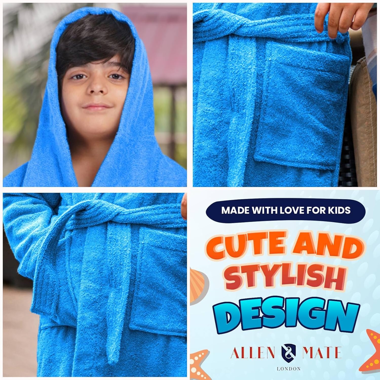 ALLEN & MATE 100% COTTON Hooded Kids Bathrobe – 380 GSM, Safety Certified, Soft Lightweight & Absorbent Robe for Boys & Girls