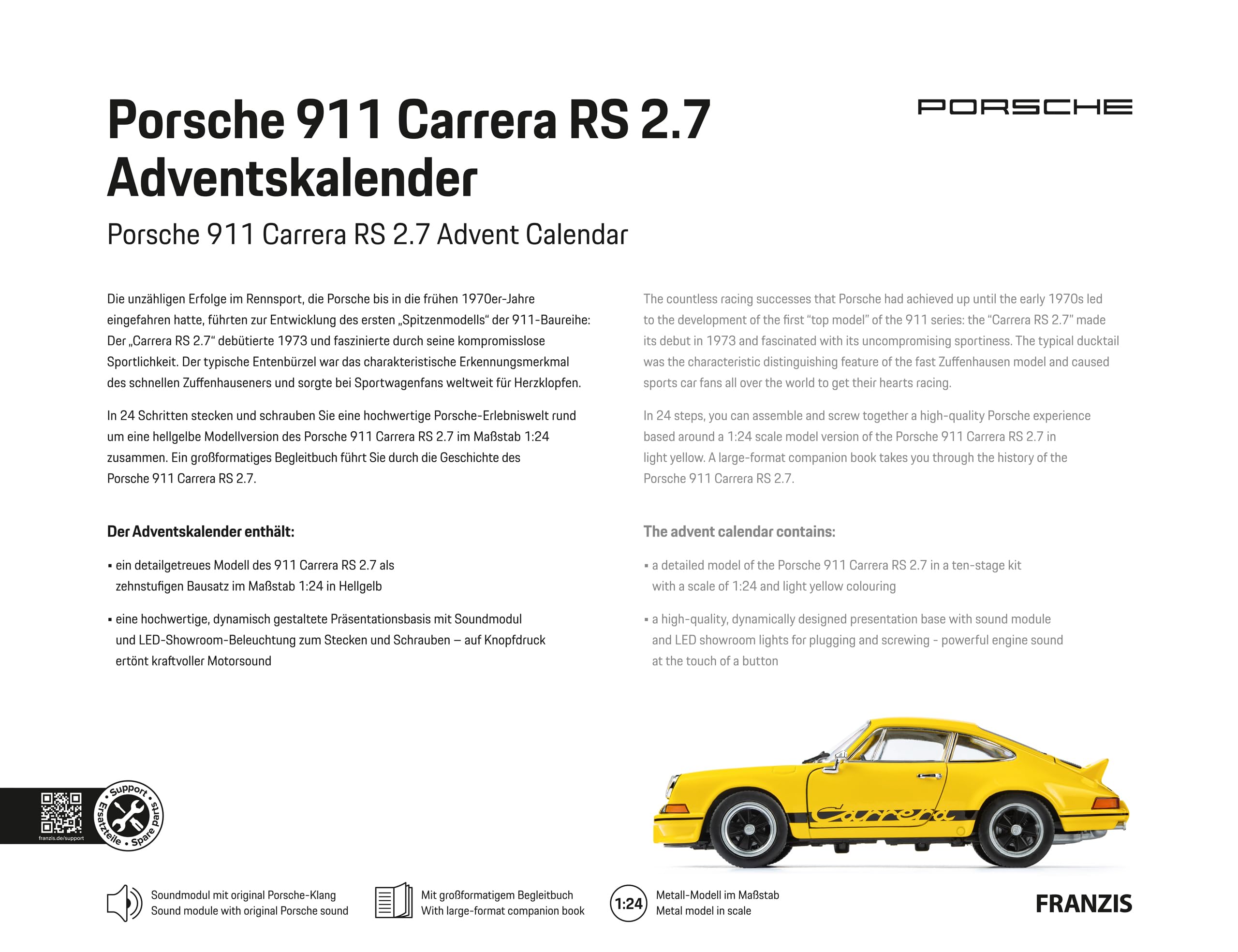FRANZIS Calendario de Adviento Porsche 911 Carrera RS 2.7 67273 a escala 1:24, incluye base de sonido y libro de 52 páginas