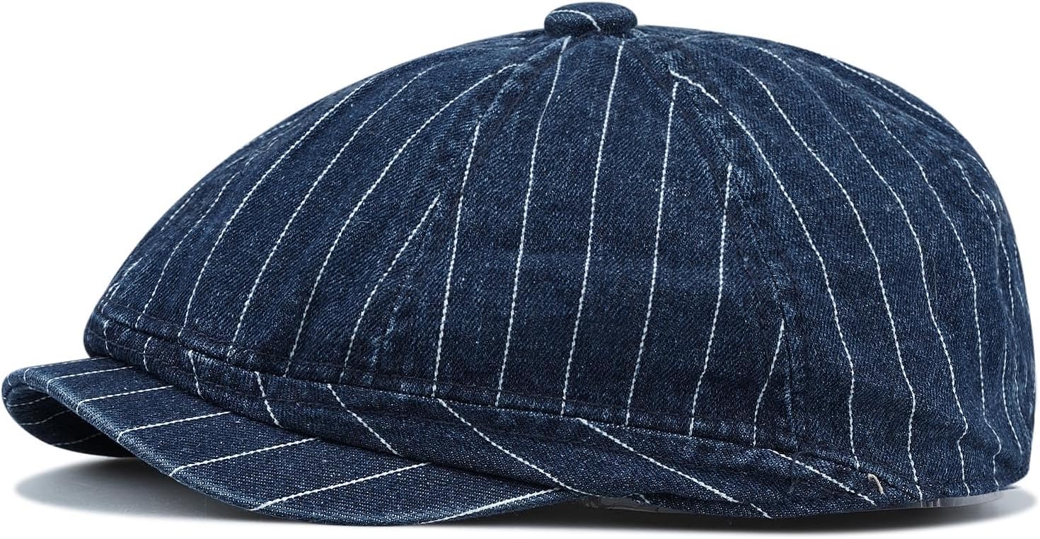 Clakllie Octagonal Newsboy Hat with Chic Stripe Design Herringbone Ivy Cabbie Hat Denim Cotton Gatsby Driving Cap for Daily - Image 2