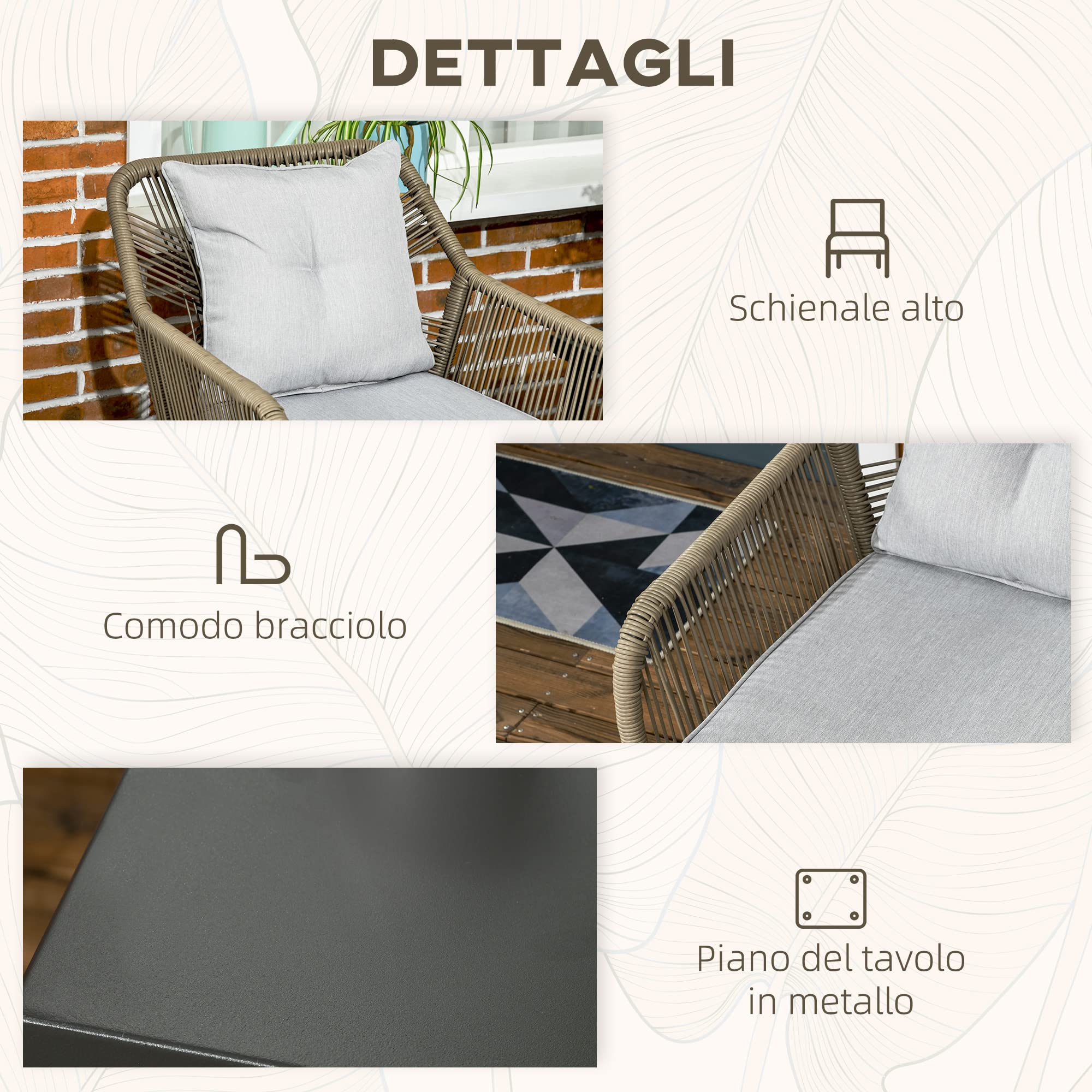 Outsunny Set Tavolino e Sedie da Giardino 3 Pezzi in Rattan PE e Acciaio con 2 Sedie Moderne e 1 Tavolino da Caffè, Grigio