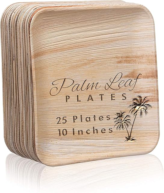 25 x Palm Leaf Plates , 10" Square [25cm x 25cm, 25 Pack] , Disposable Wooden Biodegradable Paper Party Plates, Heavy Duty Wood for Wedding, Camping
