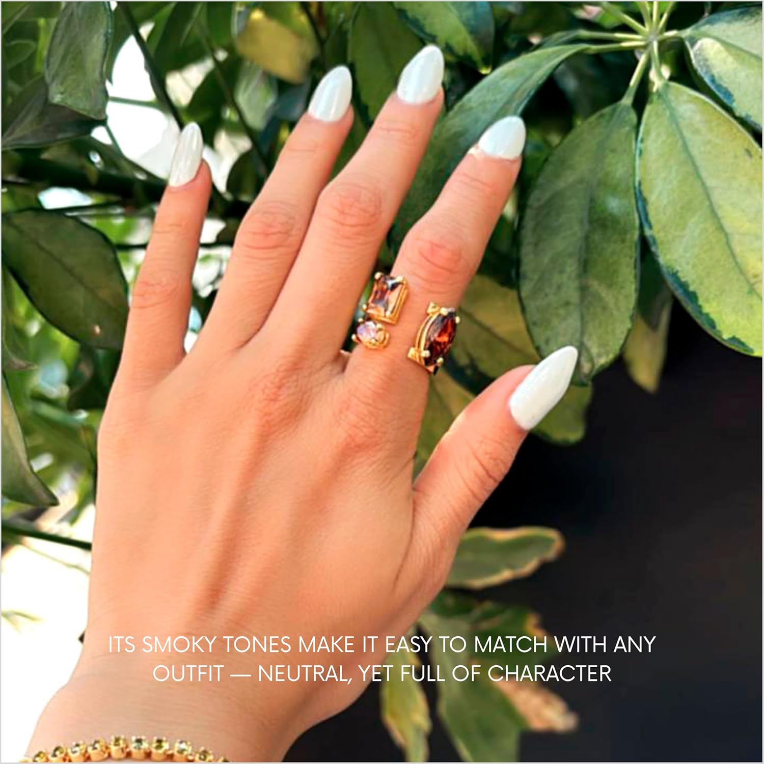 MAR MANUEL Marquiz Rings for Women - Adjustable Ring with Three Zircon Stones, 14K Gold Plated Jewelry - Two Adjustable Sizes for All (Smoke Zirconia, 8)