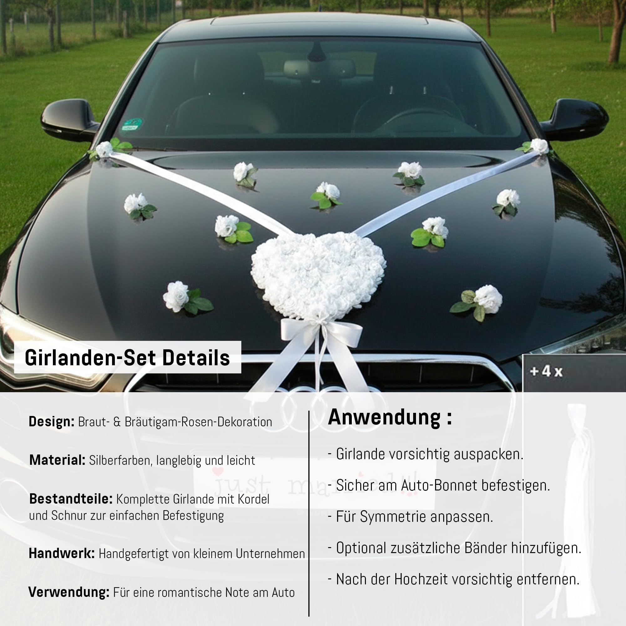 LIEBESHERZEN Braut Paar Rose Deko Dekoration Autoschmuck Hochzeit Car Auto Wedding Deko Girlande PKW ®Auto-schmuck (reinweiß 2)