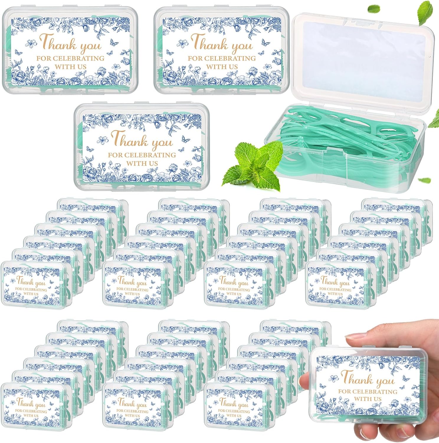 50 Pack Eucalyptus Wedding Favors Bulk Mint Floss Picks with Travel Handy Cases, Bridal Shower & Baby Shower Gifts for Guests, Sage Green Birthday Party Favors