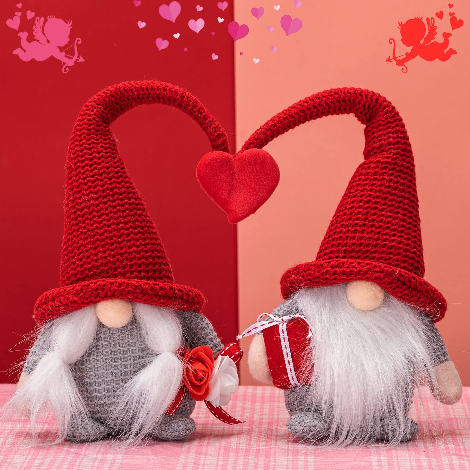 unanscre Valentine's Day Gnomes Plush Elf Decorations - 2PCS Mr & Mrs Conjoined Red Heart Handmade Gnome Swedish Tomte Dolls for Valentines Day Home Table Ornament, Party Favor Gift, Tiered Tray Decor