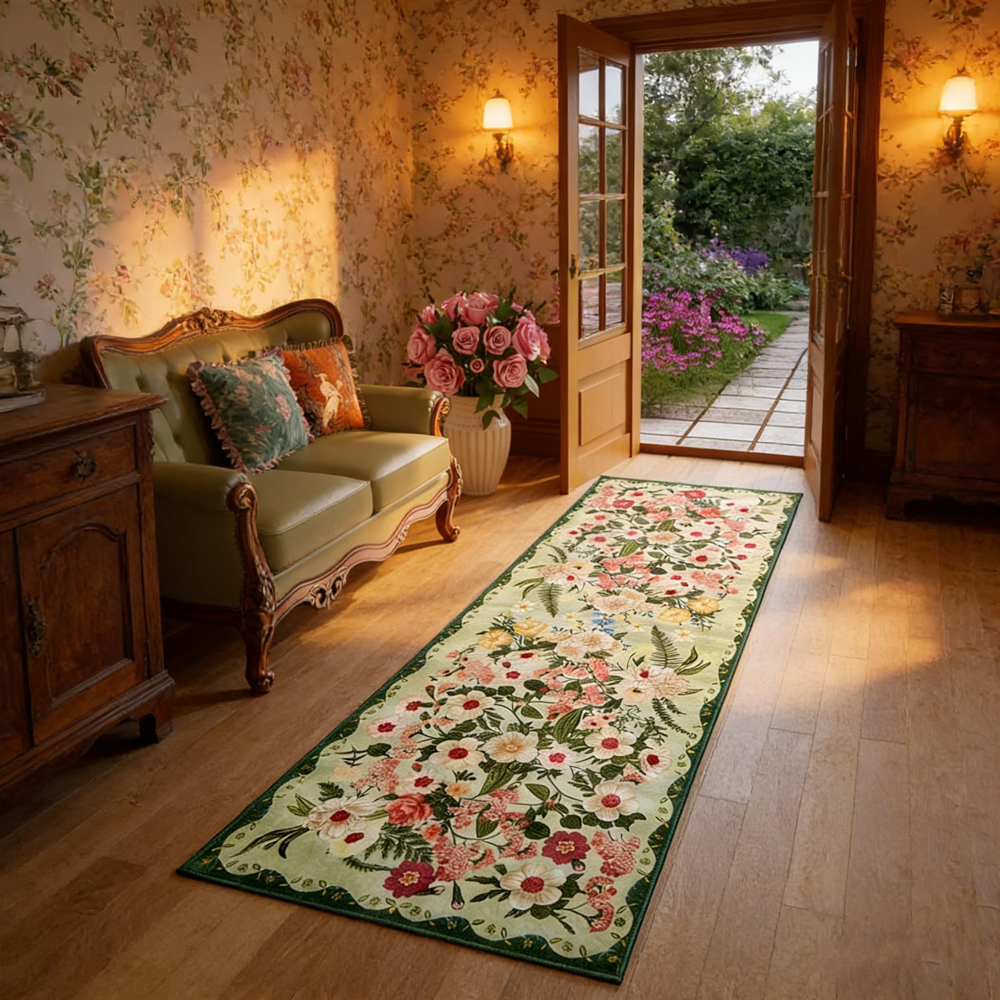 crayfomo Floral Hall Runners Non Slip,180×60cm Long Door Mats Indoor