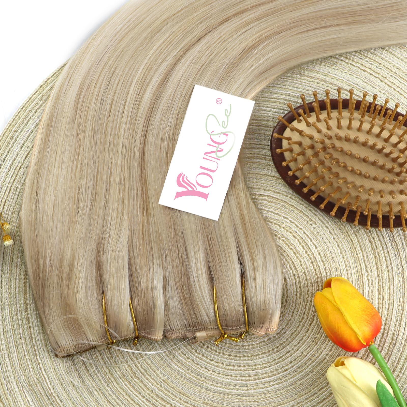 YoungSee 18 Inch Wire Hair Extensions Real Human Hair Blonde Hair Extensions Wire with Clips Adjustable Fit One Piece Hair Extension Dirty Blonde Highlights Bleach Blonde Trying New Styles 85g — view 9