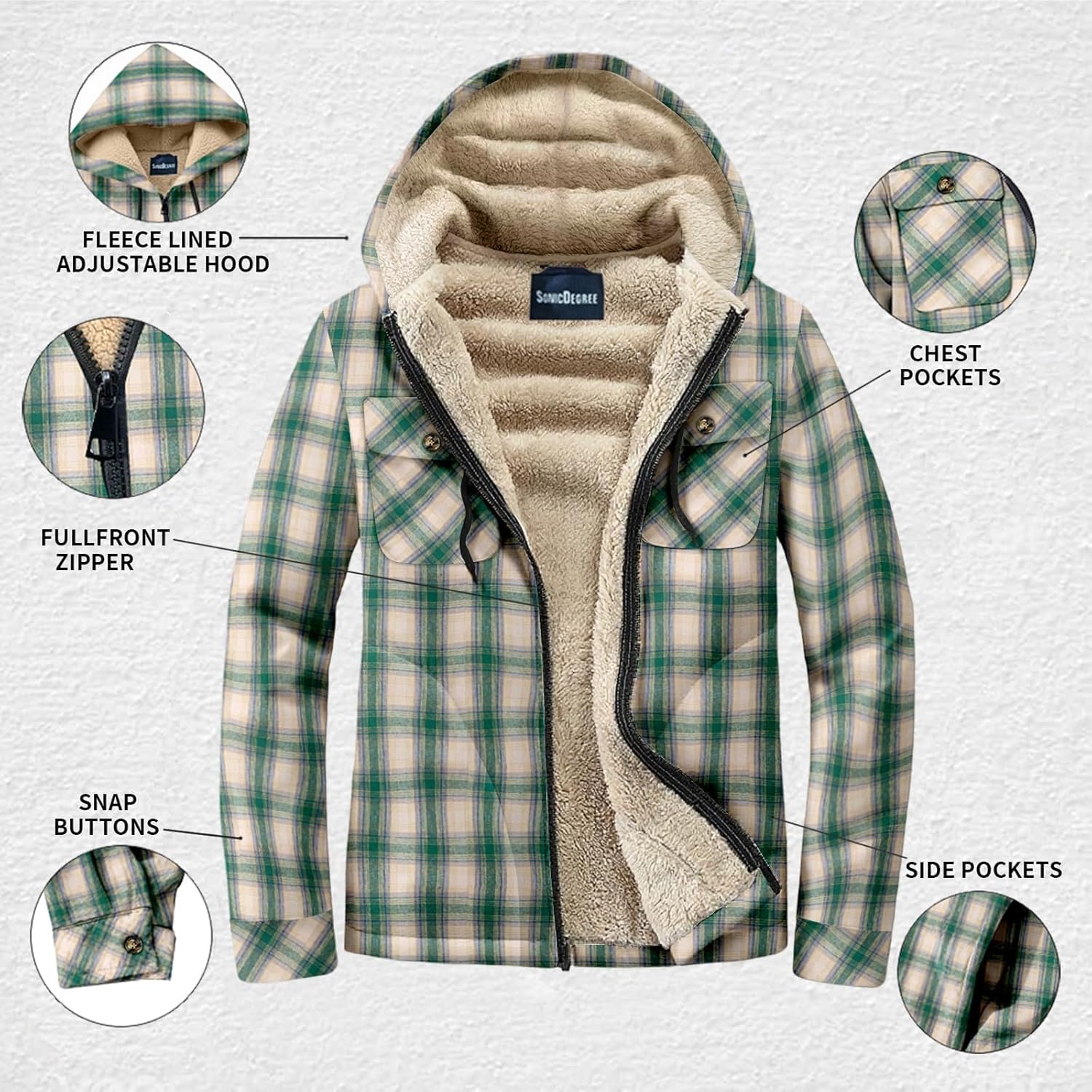 Big and Tall Flannel Jacket for Men Plaid Fleece Hoodie Zip Up Sherpa Lined Winter Coat, 6XL Green