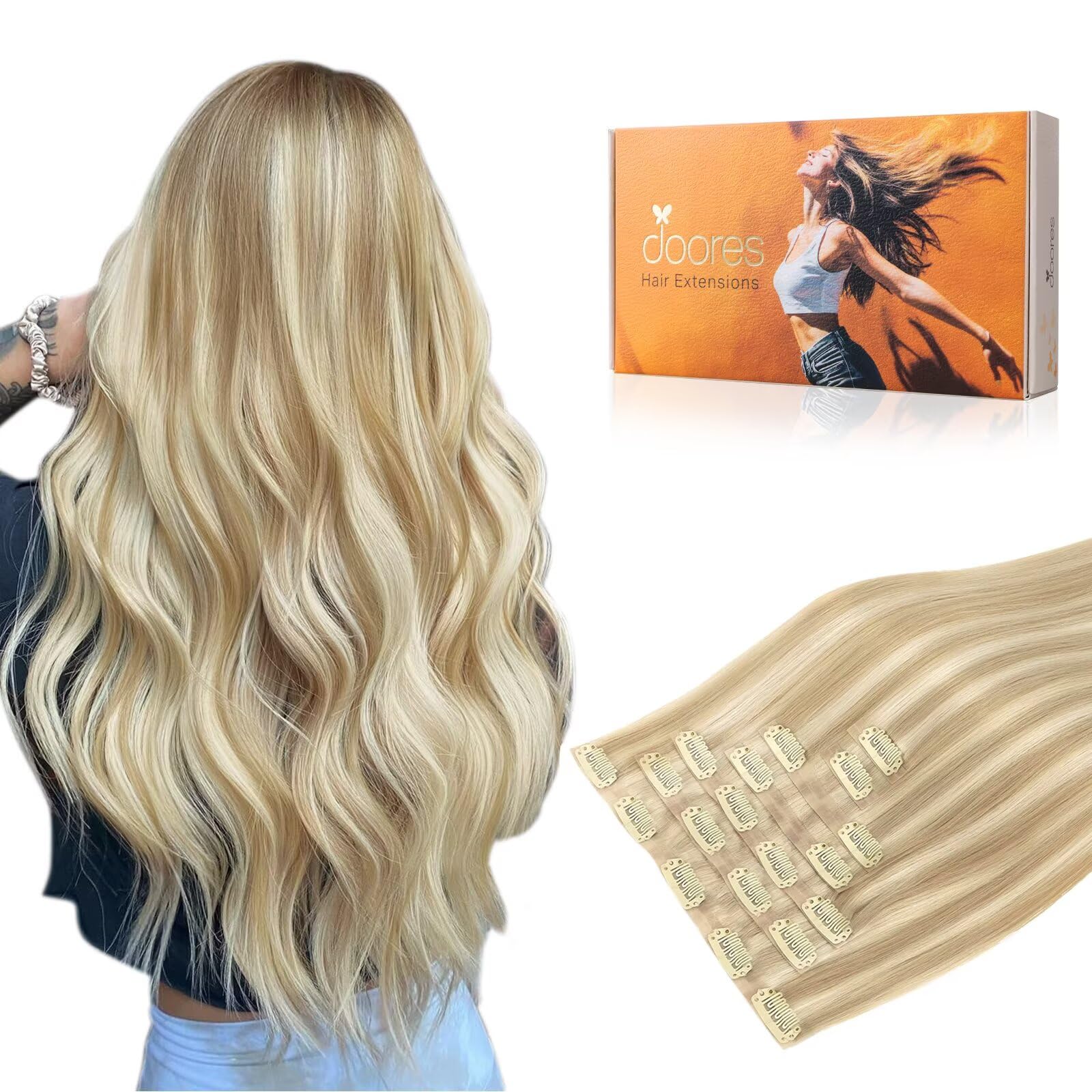 DOORES Seamless Clip in Hair Extensions, Dark Blonde Highlighted Bleach Blonde 16 Inch 130g 7pcs, Virgin Straight Human Hair Extensions for Women