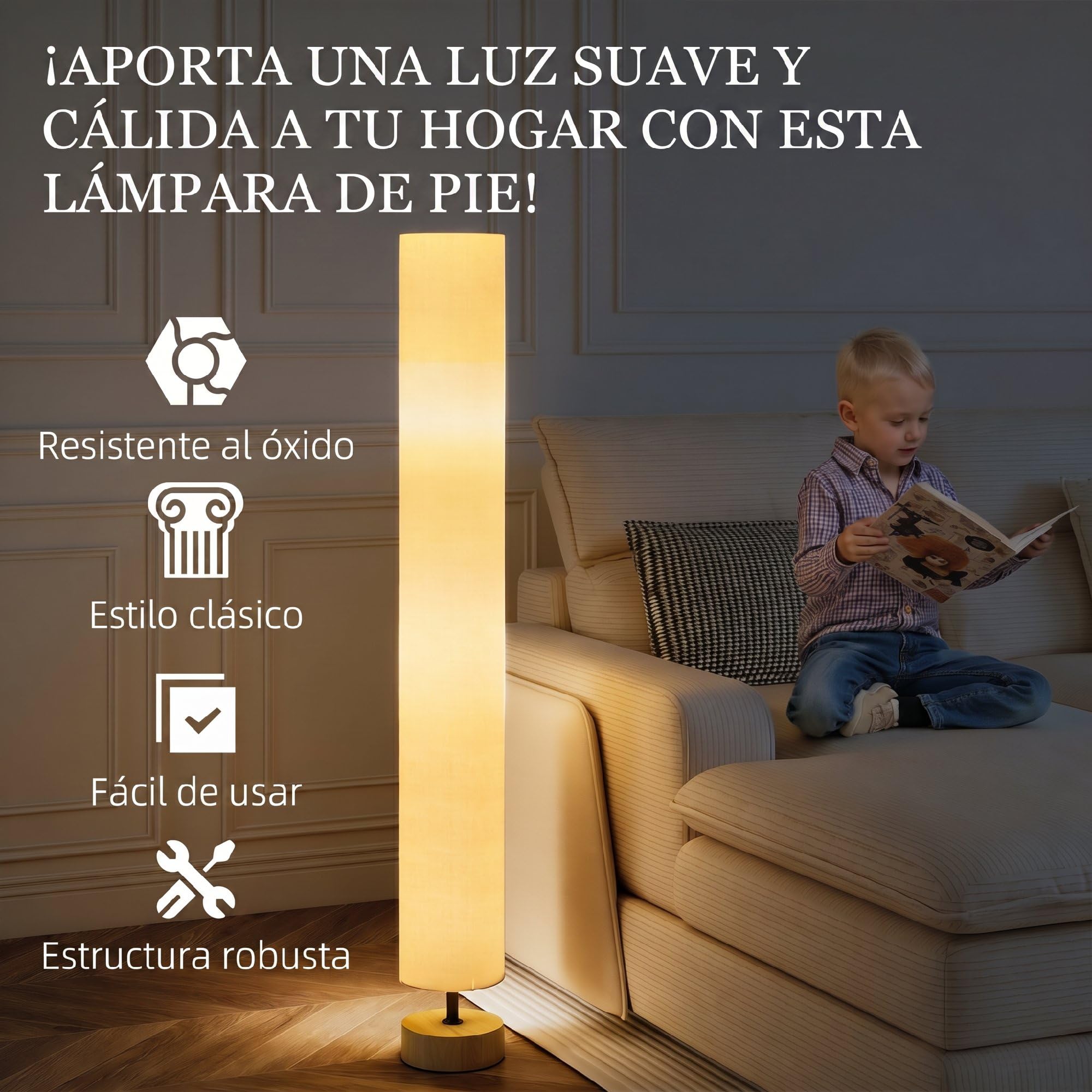 HOMCOM Lámpara de Pie Moderna con Casquillo Máx. 40 W E27 Ø15x120 cm Beige | Lámpara de Salón, Pantalla de Lino, Marco de Metal, para Dormitorio