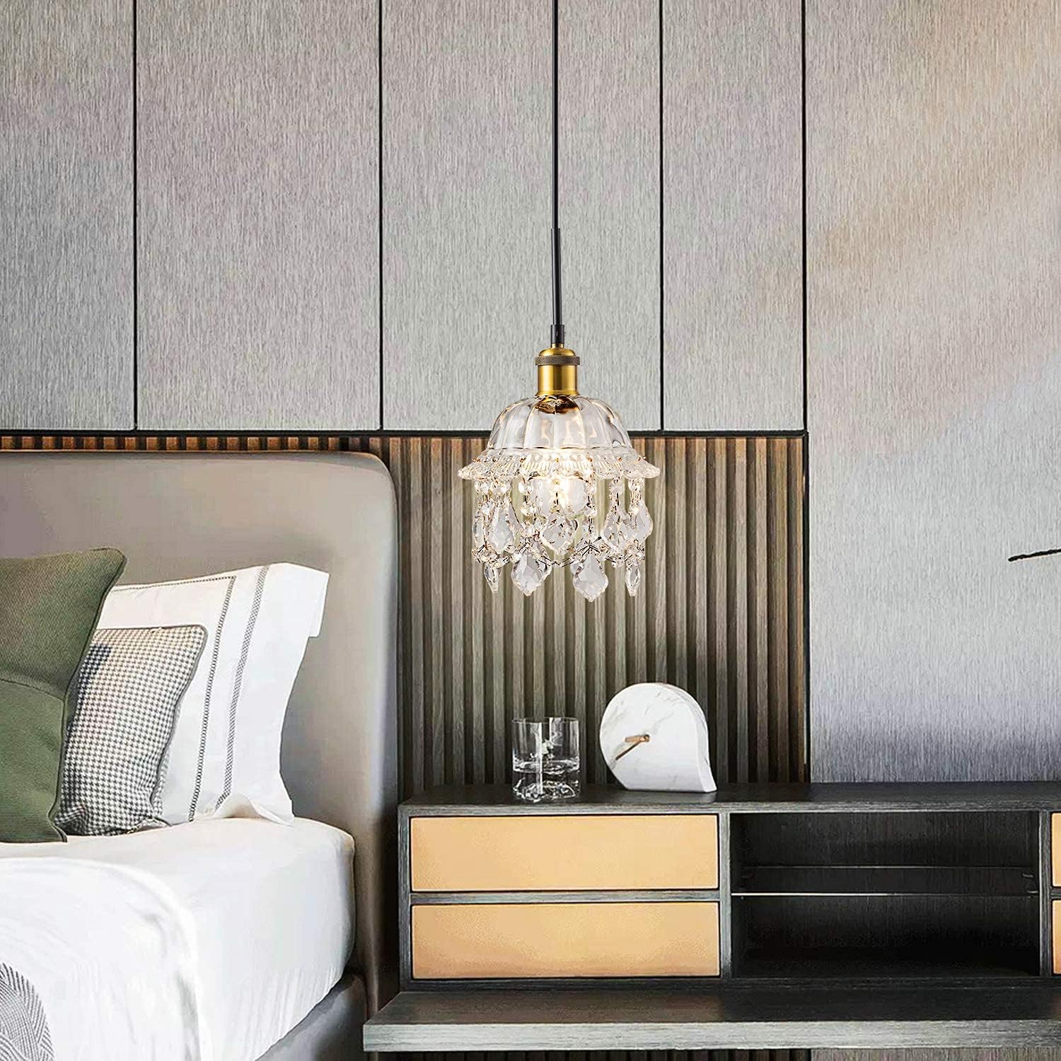 Vintage Plug in Pendant Light Crystal Hanging Lights with 15Ft Black Plug in Cord & On/Off Dimmer Switch， Mini Chandelier for Kitchen Island Dining Room Bedroom
