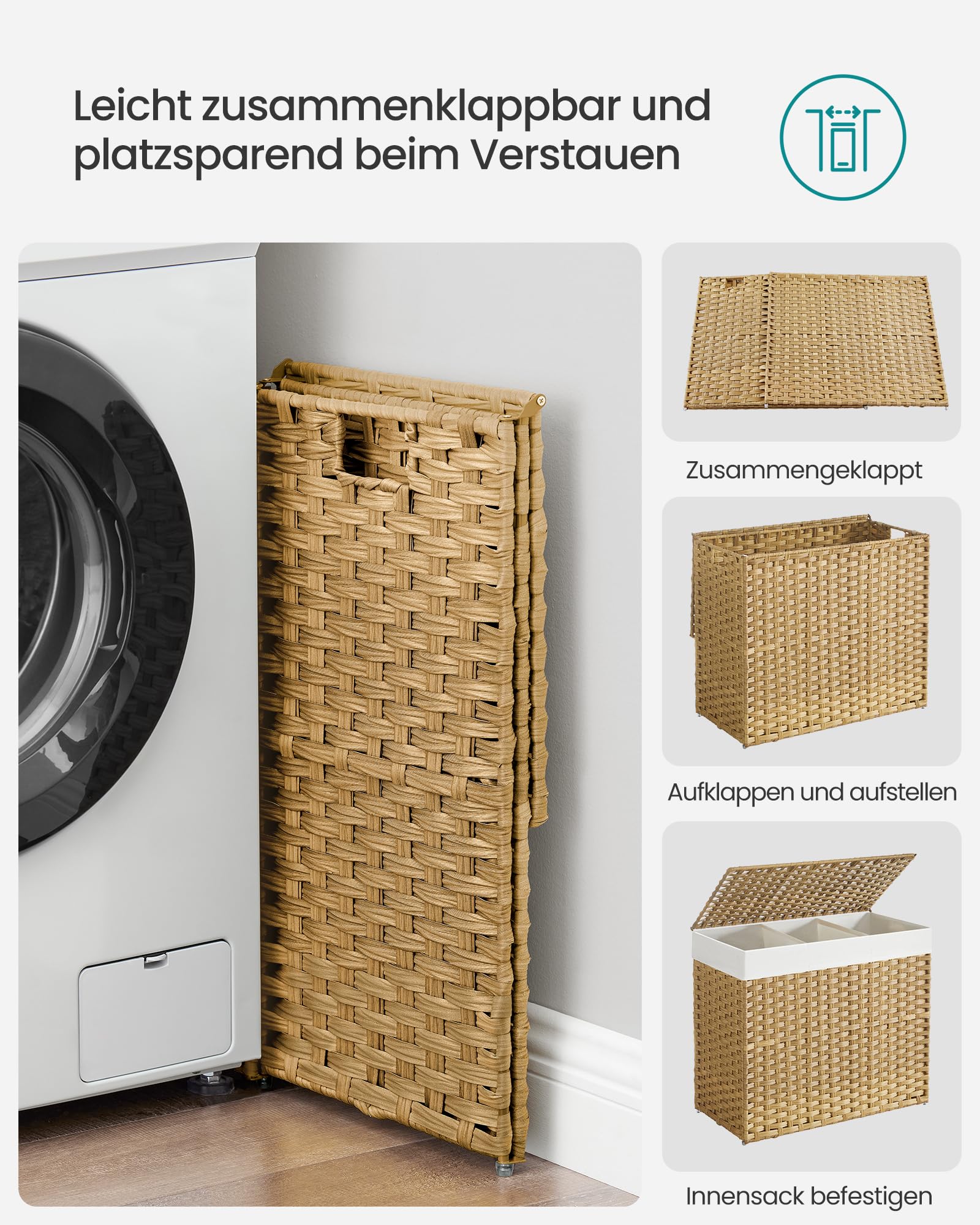 SONGMICS Wäschekorb mit Deckel, 160 L, Wäschesammler 3 Fächer, Wäschesortierer mit Rollen, in Rattan-Optik, Wäschesack herausnehmbar, für Waschküche, 76 x 33 x 66 cm, naturfarben LCB365N01