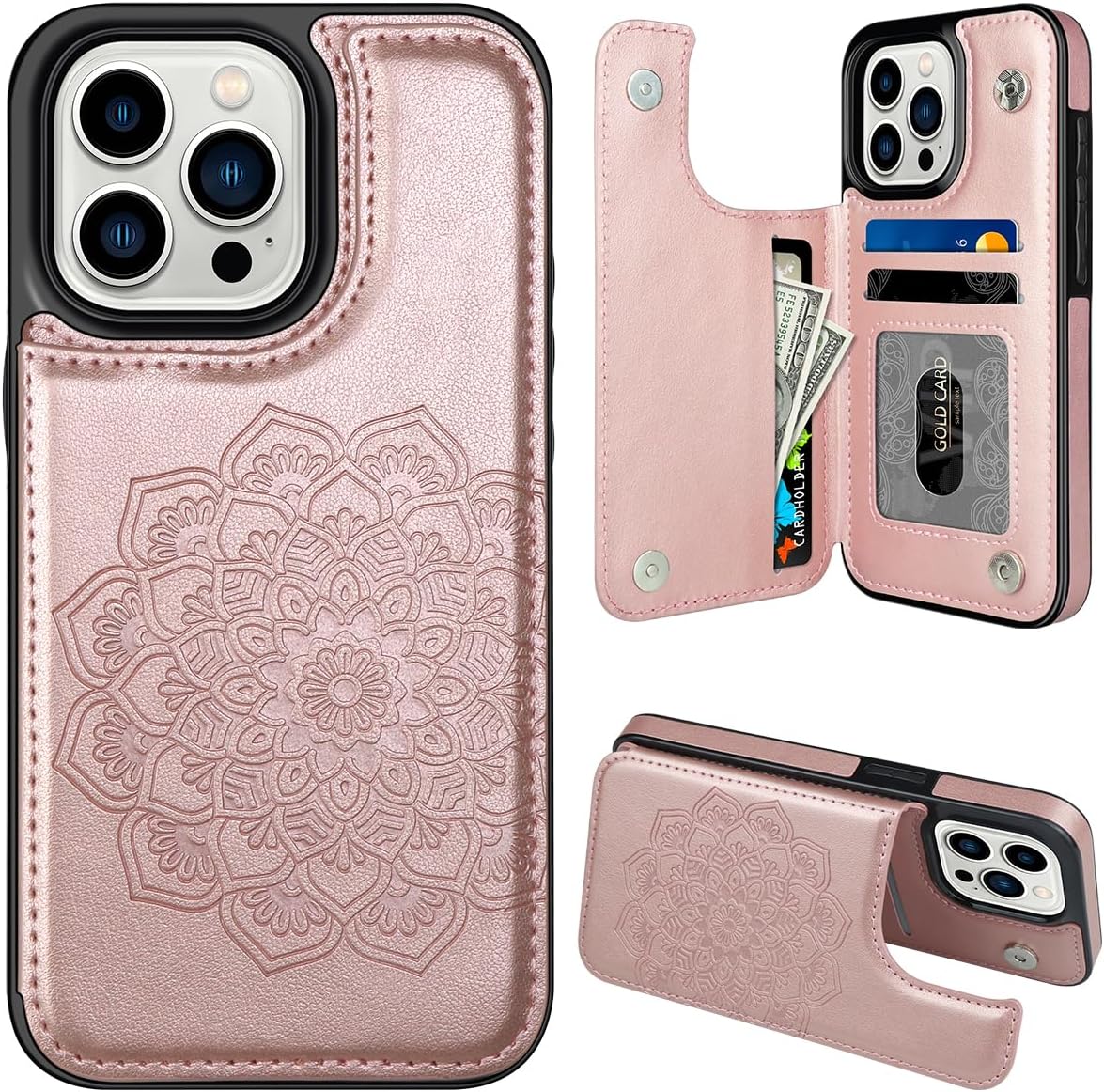 MMHUO for iPhone 15 Pro Case with Card Holder,Flower Magnetic Buttons Protective Wallet Case for Women for iPhone 15 Pro,Rose Gold