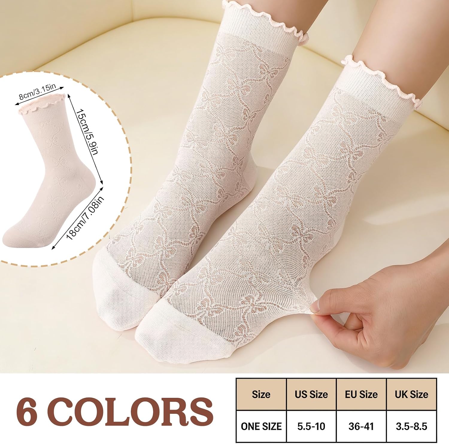 6 Pairs Women‘s Ruffle Sheer Socks, Ultra Thin Casual Crew Lace Socks, Breathable Summer Cute Frilly Ankle Socks