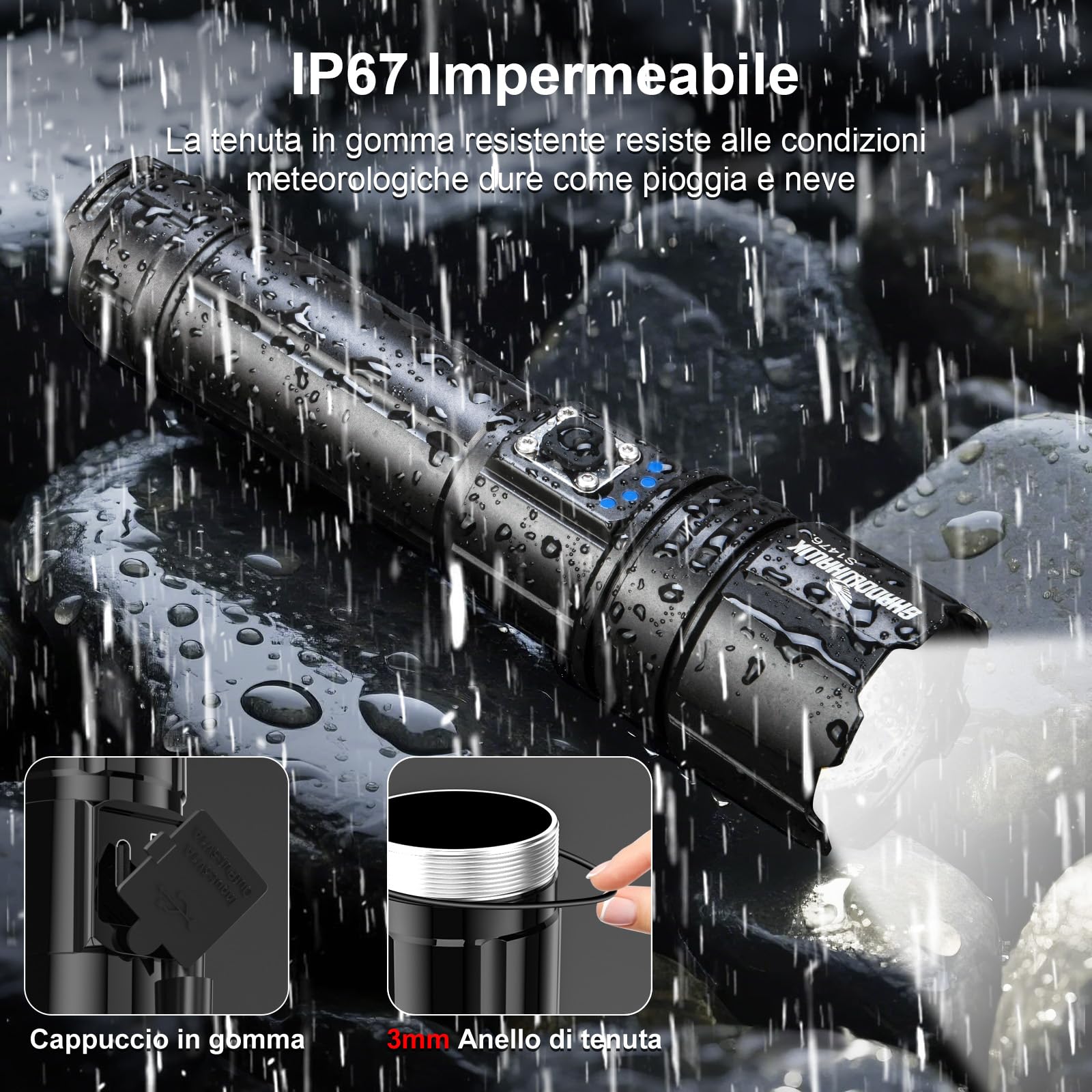 Shadowhawk Torcia LED Potente Professionale 500000 Lumen | Militare Torce Led Alta Potenza Ricaricabili(12H Illuminazione 5000mAh Batteria), Per Campeggio/Trekking/Emergenza, IP67 & 5 Modalità
