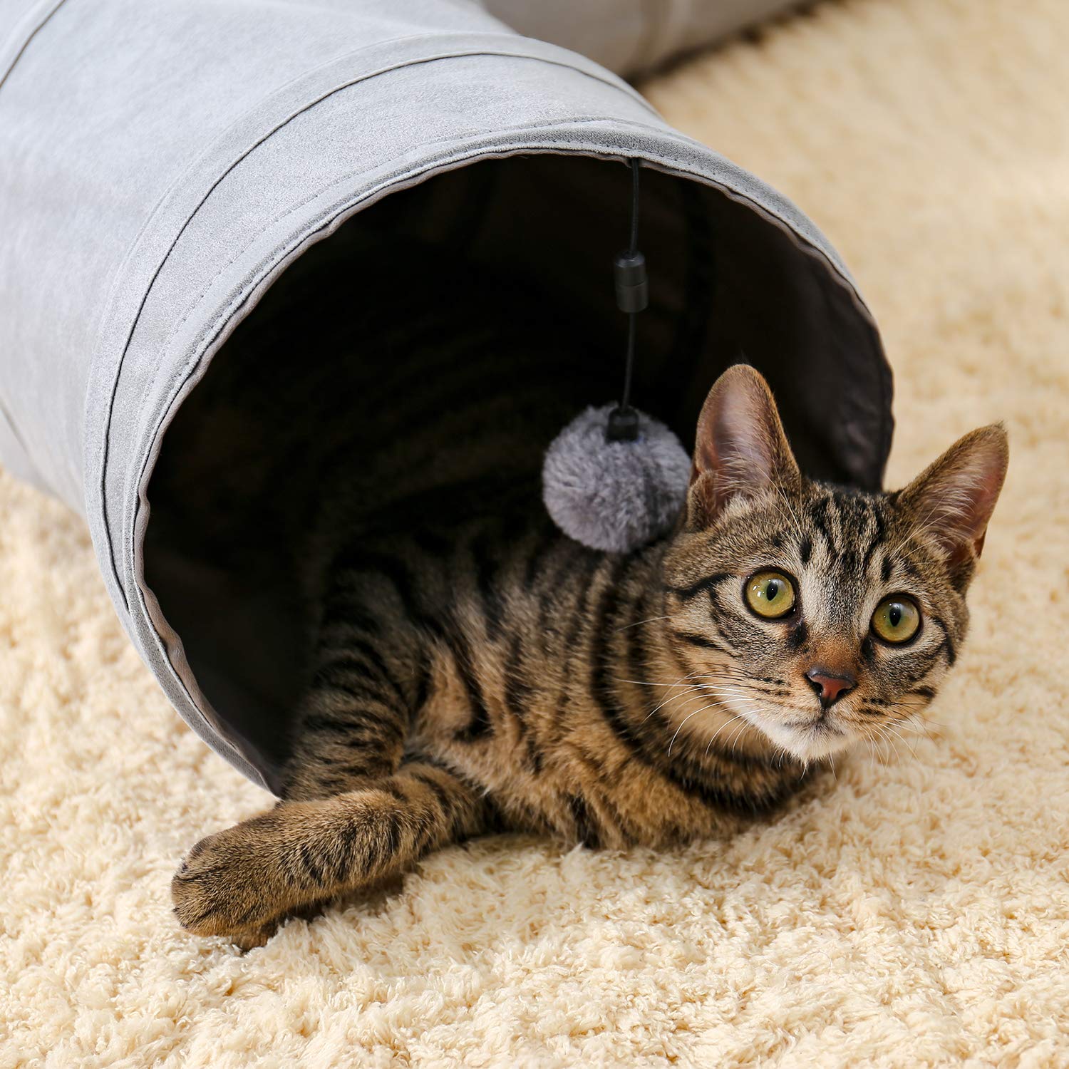 OHANA Túnel de 3 vías para Interiores con Bola suspendida Juguetes para Gatos Tunel para Gatos Gatitos Conejos Gris