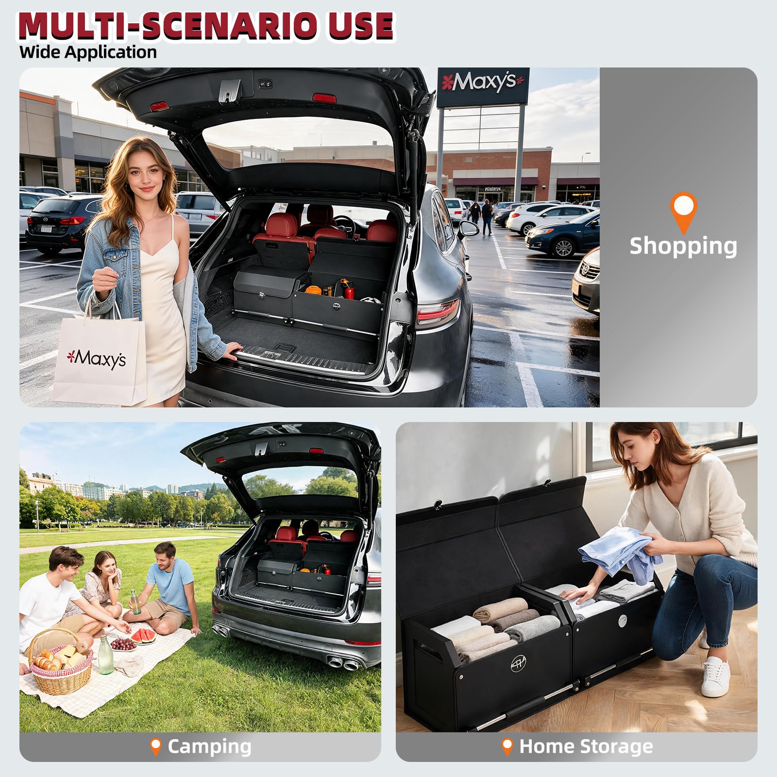 Organizador de maletero con tapa, caja modular 2 en 1 XXL de piel Nappa, asa deslizante empujable, gran capacidad 92L compatible con coches, SUV y monovolúmenes (103 x 29 x 31 cm)
