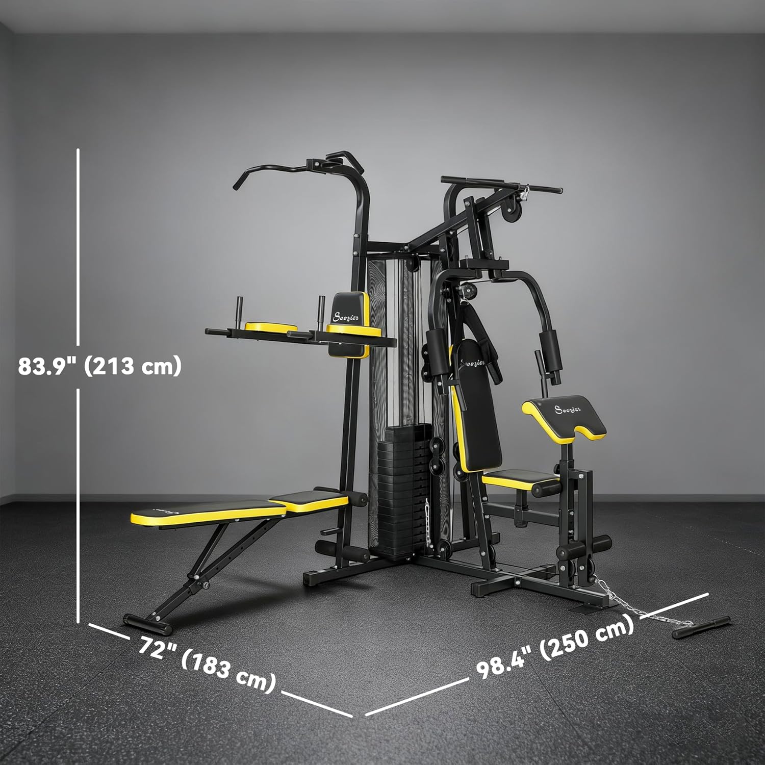 Dimensions of the Soozier All-in-One Home Gym Machine System