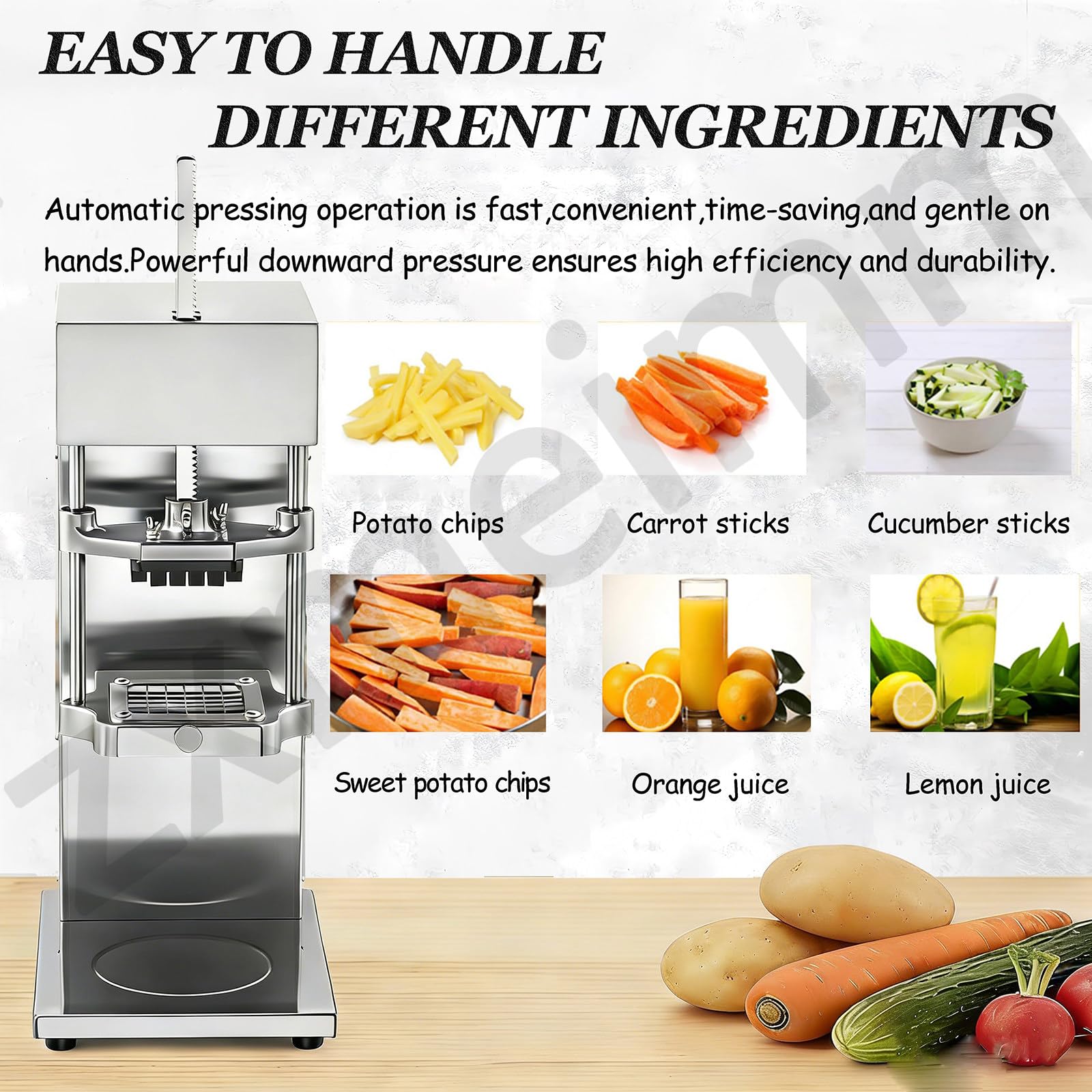 Máquina eléctrica de preparación de alimentos para cortar tiras y extraer jugo, diseño comercial maneja patatas, zanahorias, naranjas y limones