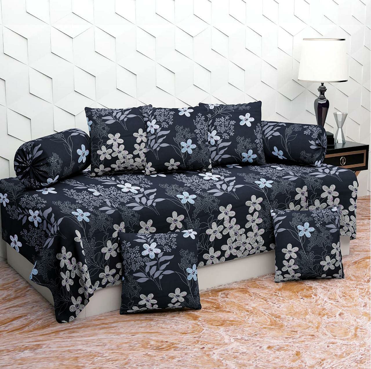 200TC Diwan Set Cotton 8 Piece | Deewan Printed Bedsheet Sets for Living Room Hall (Set of 8 Piece, 1-Bed Sheet 60x90 Inch | 2-Bolster Cover 16x32 Inch | 5-Cushion Cover 16x16 Inch)(AW-29)-image-17