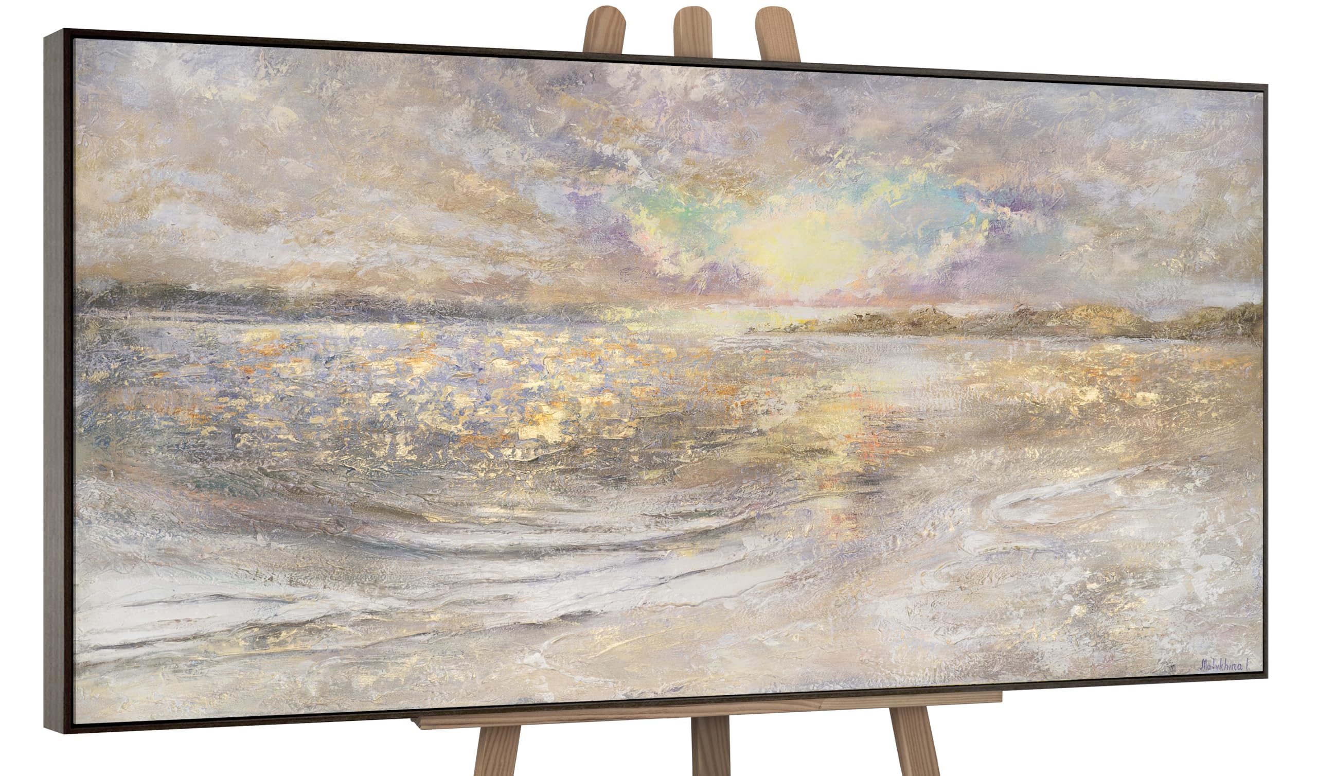 YS-Art Original Handmade Painting – Abstract Seascape in Beige and Gold, Soft Light Textured Artwork on Canvas, Framed Art forHome Office Interior 48x24 inch