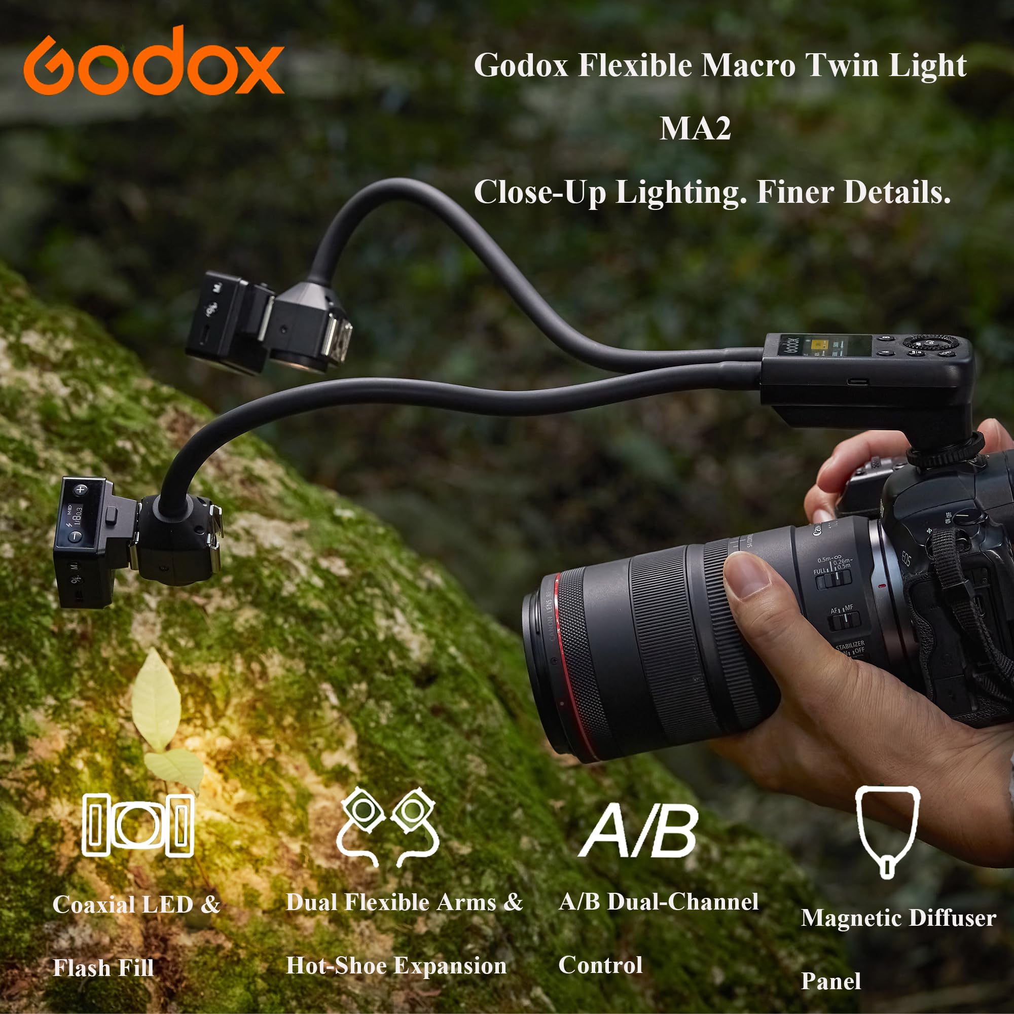 Godox MA2 Macro Twin Light CCT 2800K-6500K LED & Flash Fill Modalità S1/S2