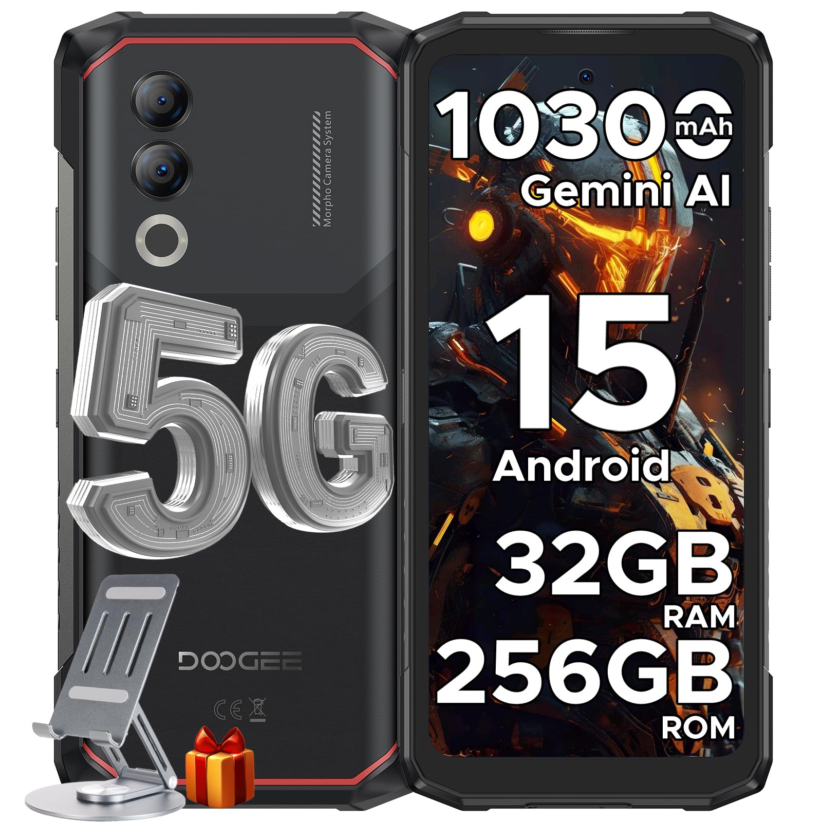 DOOGEE Blade 20 Turbo AI 5G Rugged Phone Unlocked,10300mAh/33W,Android 15 Rugged Smartphone,32GB+256GB/TF 2TB,Dimensity 7050,6.6”HD + 90Hz,50MP+16MP,Face ID/NFC/WiFi6/IP68/IP69K/3 Card Slot,Black