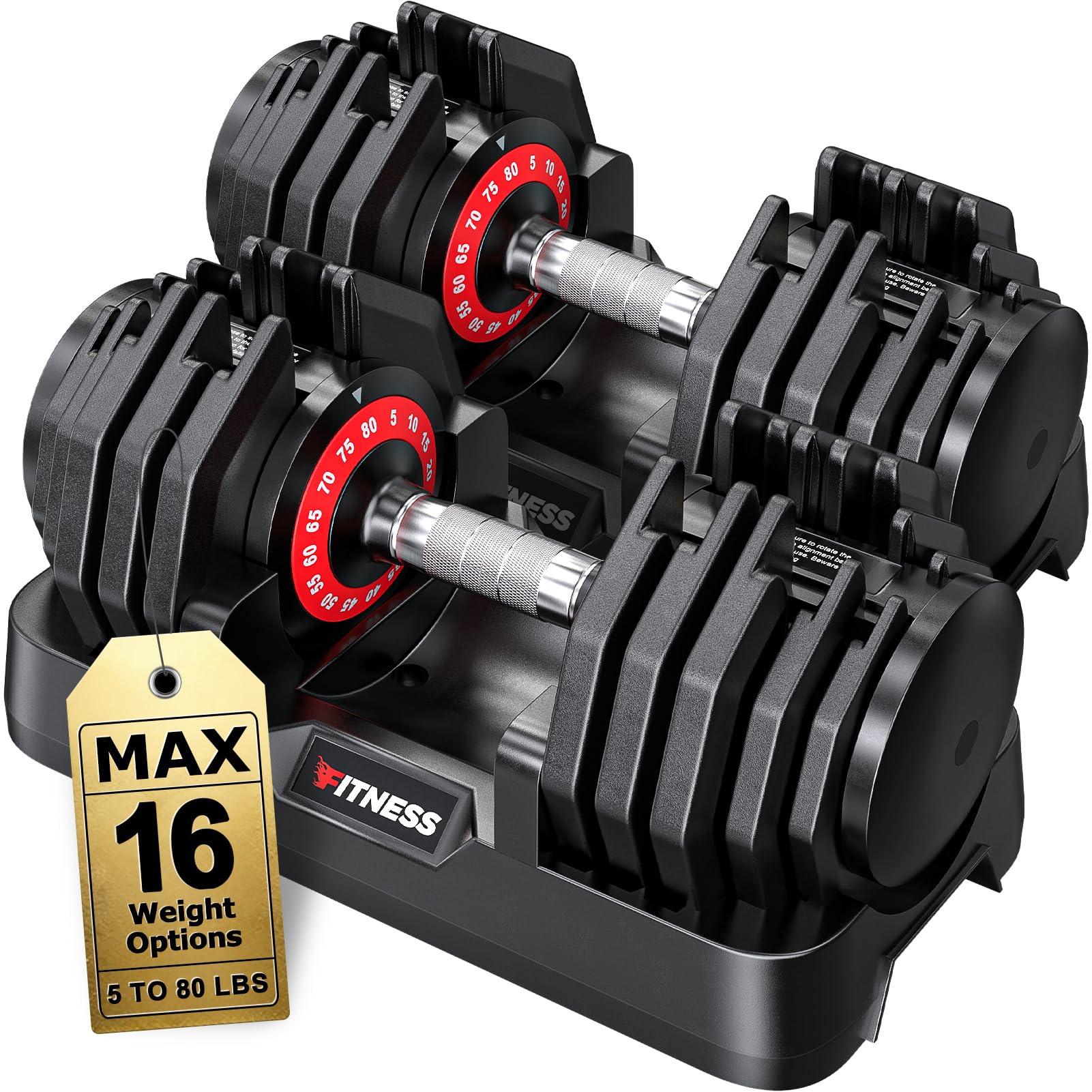 Adjustable Dumbbell Set for Home Gym Strength Training | 25/55/80LB Pair, 10-in-1/16-in-1 Weight Set, 1-Sec Quick Adjust, Non-Slip Knurled Grip, Dual-Lock Safety, Space-Saving Tray