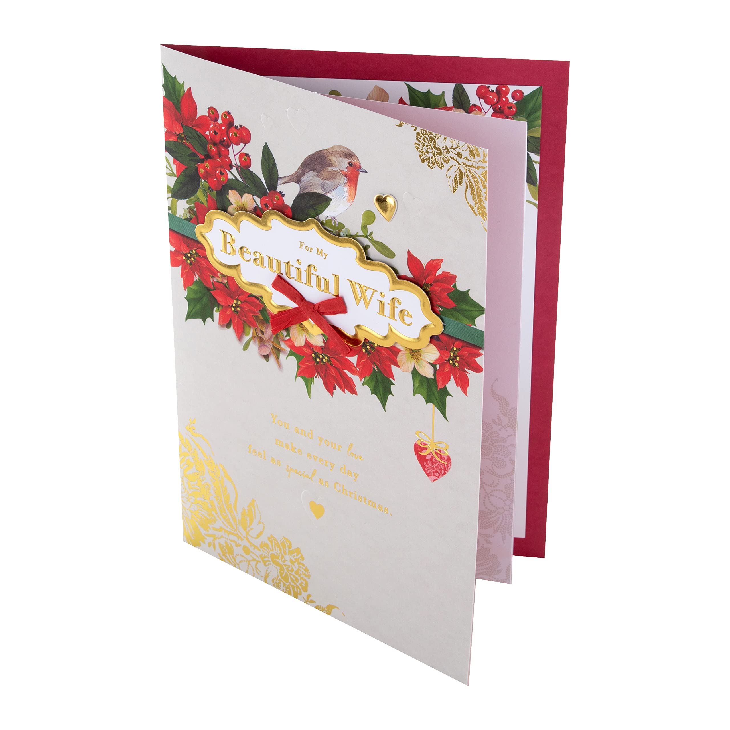 Hallmark Boxed Christmas Card for Wife - Traditional Robin and Foliage Design, Boxed Robin & Florals Card For Wife, 26 cm by 18 cm - Image 3