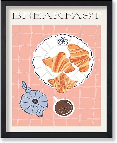 Poster Master Póster de desayuno, impresión retro de croissant, arte de café, arte de comida y bebida, arte de cafetera, arte de boceto, arte