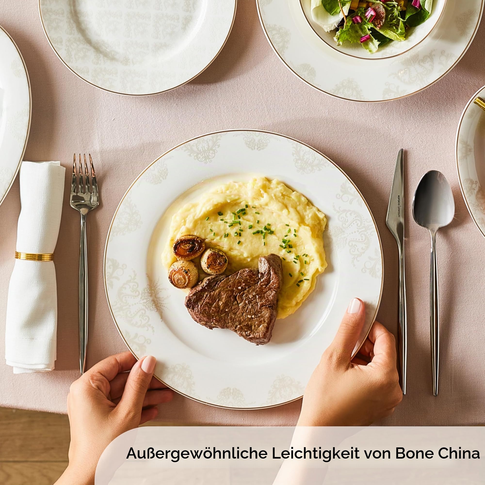 Karaca Elegance Bone Siena - 53-teiliges Geschirrset für 12 Personen, Modern Teller Set aus Porzellan, Geschirr Set mit Suppenschalen, Servierplatte, Tiefe Teller, Dessertteller - Weiß & Gold