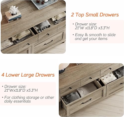 Miniatura 6 de WAMPAT Cómoda gris para dormitorio con 6 cajones, cómoda para niños con cómoda ancha, organizador de almacenamiento de armario de madera clara de