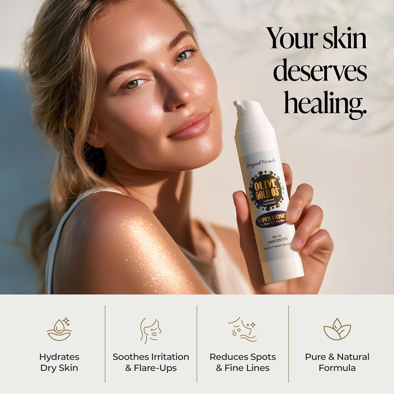 Olive Gold O3 Skin Care Lotion – Ozonated Olive Oil Moisturizer for Face & Body, Natural Hydration & Anti-Aging Support (4oz)